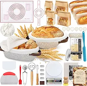 Aliggbent Kit Com 38pç Para Fazer Pão De Fermentação Natural: Cestos De Fermentação De Corda De Algodão De 28 Cm (Oval) E 25 Cm (Redondo), Com Forros E Tampas; Kit Para Fermento Natural Em Pote