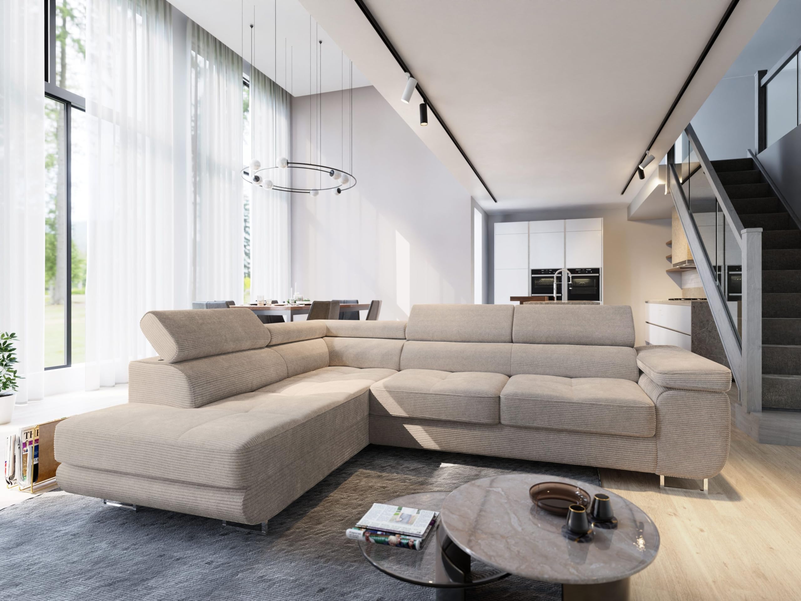 Masseno Canapé d'angle APIRO L-S avec Fonction Couchage Forme en L, Moderne, avec Coffre de Rangement, Ensemble canapé de Salon - Beige