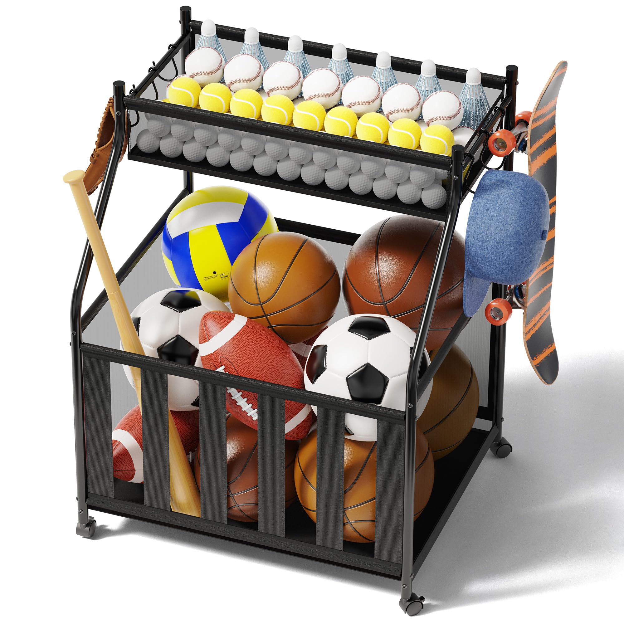 CACHOLIV Garage Sports Equipment Organizer with Wheels - Garage Ball Storage with Elastic Rope and 6 Hooks - Home Gym Storage for Basketball Soccer - Outdoor Storage Rack for School Playground (Black)
