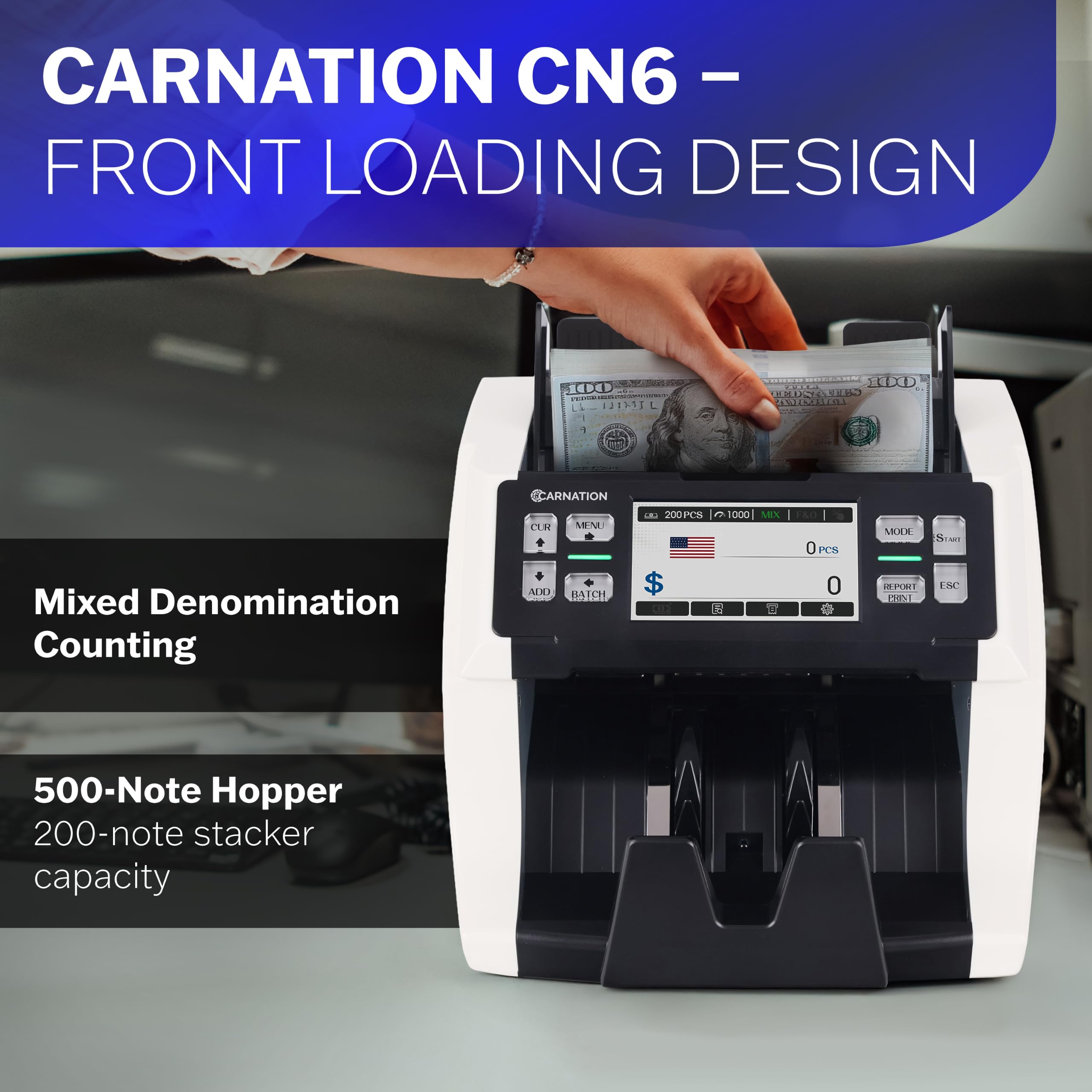 Carnation CR6 Geldzählmaschine mit gemischter Stückelung – Geldzähler mit UV/MG/IR-Fälschungserkennung – 3 Geschwindigkeiten von 800~1000~1200N/M und unterstützter Währung
