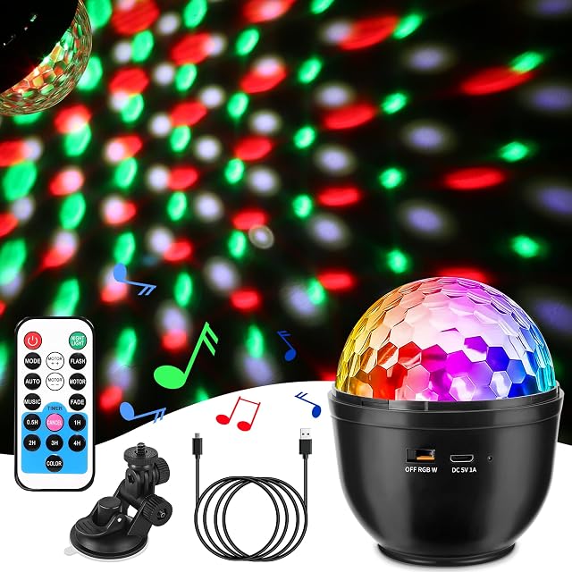 Mini Disco Ball Light, 360° Rotating Voice Control DJ Strobe Ball with Mirrors, Disco Lights with Remote Control and USB Cable, 3 W RGB Dynamic Disco Light Effects, Disco Lamp for Kids Christmas Party