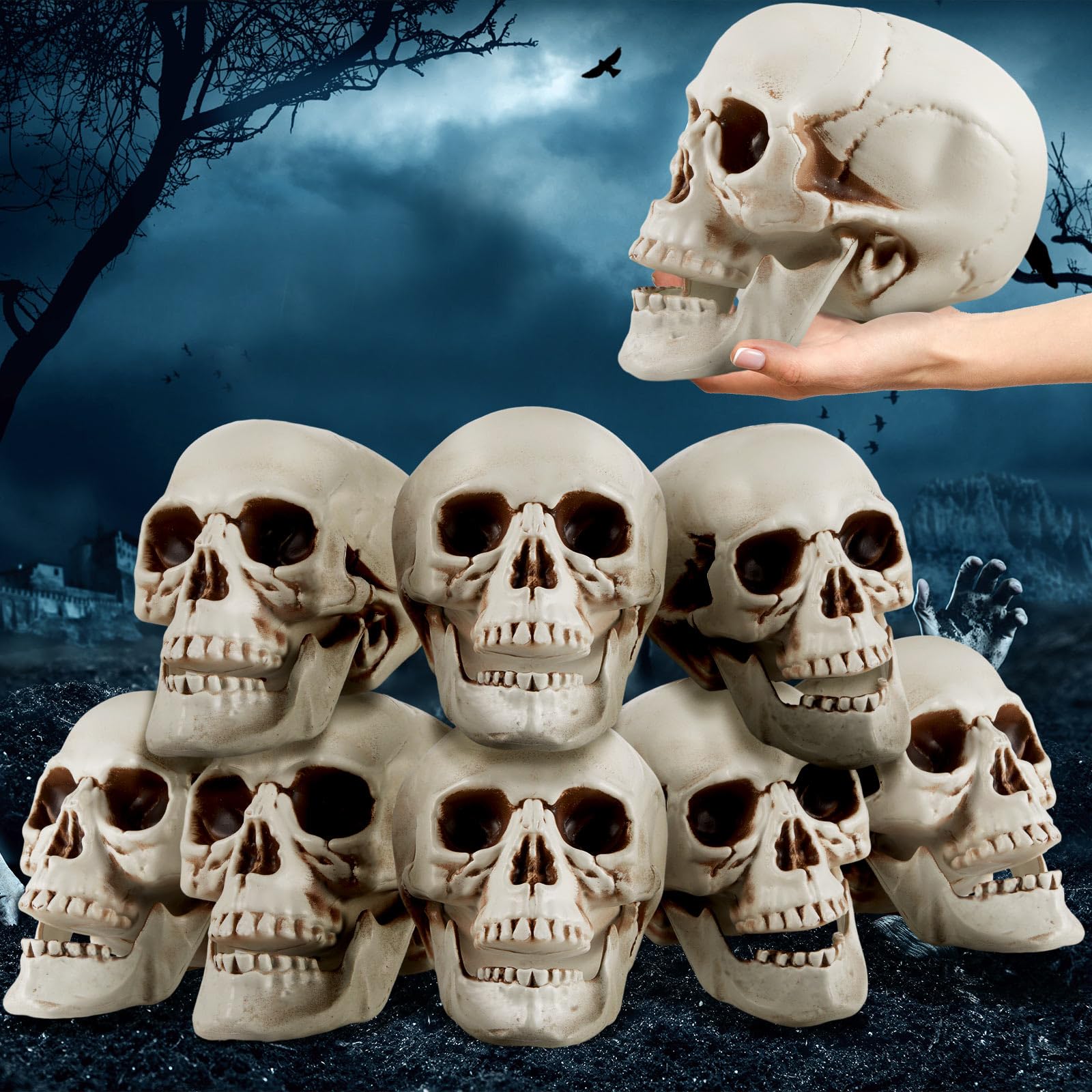 Geetery 4 Pcs Halloween Human Skull Replica Skull Model Realistic Skull Decor Life Size Skeleton Life Size Statue Head Bone Skull Model Skull Decorations for Outdoor Indoor, 8.27 x 6.69 x 6.3 Inches