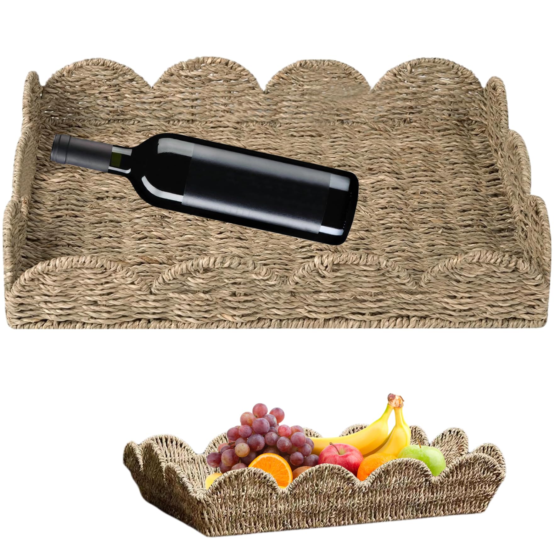 Bandeja rectangular de mimbre de hierba marina rústica con borde festoneado, 19.7 x 14.6 x 3.9 pulgadas, ideal para decoración del hogar, cocina, fiestas y entretenimiento