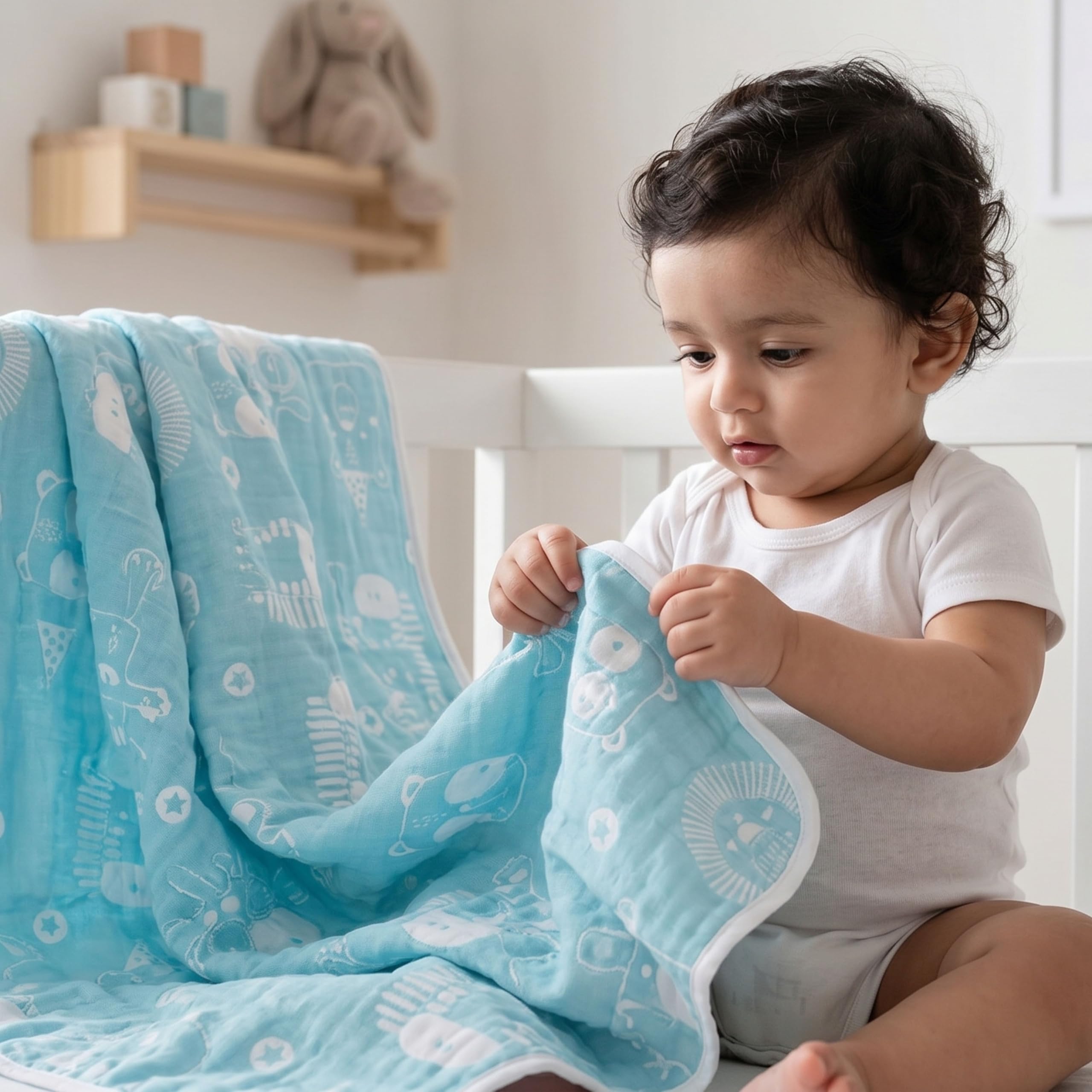 TIDY SLEEP Baby Blankets 6 Layer Wraper 100% Cotton Stroller Cover Receiving Blankets, Blue (100 Cm X 90 Cm), Breathable-image-37
