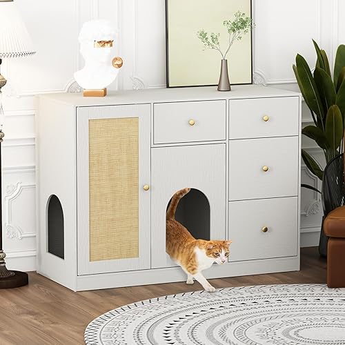Lovinouse Caja de arena oculta para gatos con almacenamiento, armario de baño de madera para interiores con estante, 4 cajones y poste rascador de