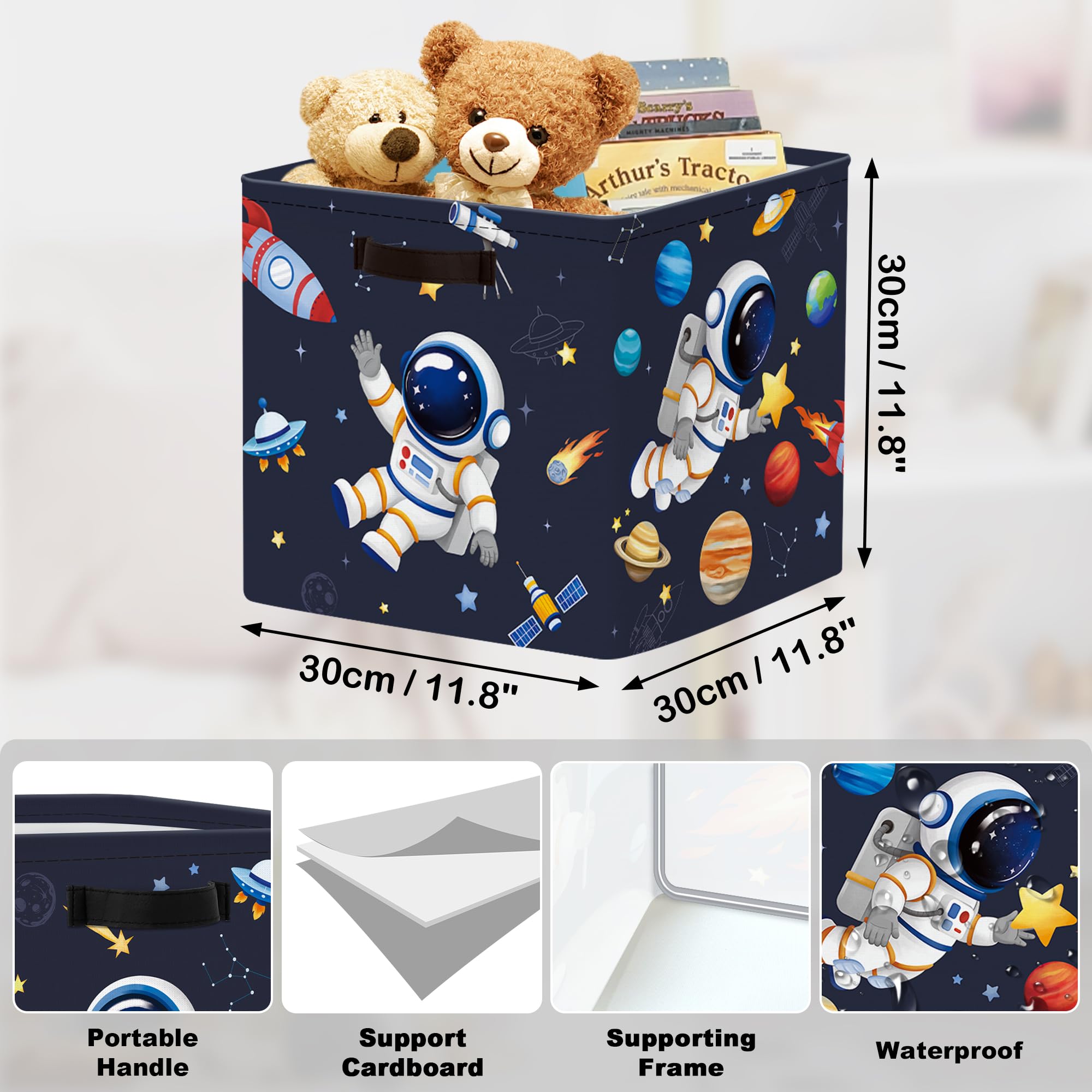 HUUMONSS 11.8" Outer Space Storage Cube Organizer Set 3Pcs Clothes Storage Basket Bin for Home Astronaut Rocket Kid Book Toy Chest Blue - Image 3