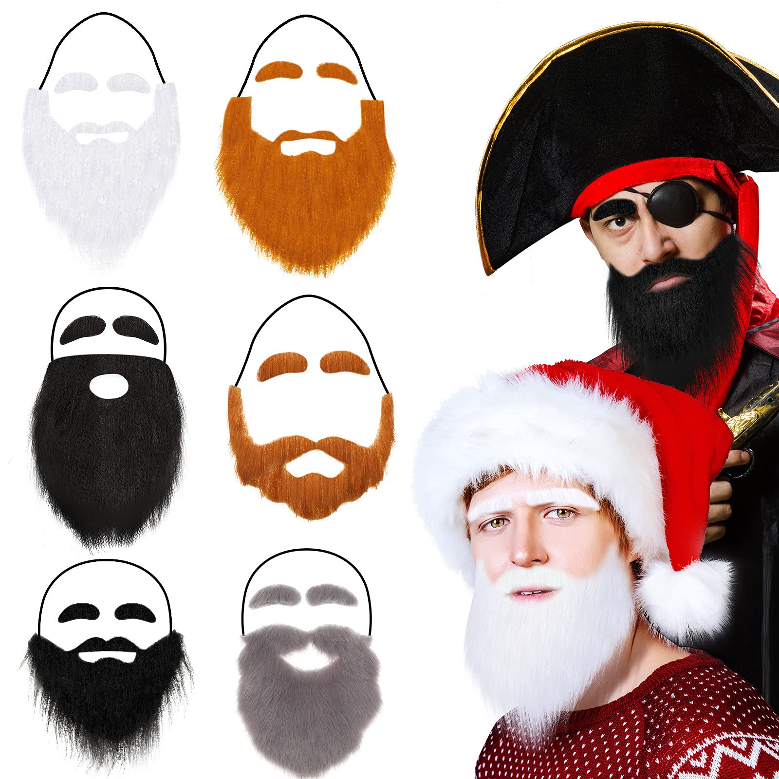 Syhood 6 Pcs Large Fake Beards with Eyebrows Funny False Mustaches Self Adhesive Beards Facial Hair Accessory for Adults Cosplay Costume Halloween Christmas Party Supplies