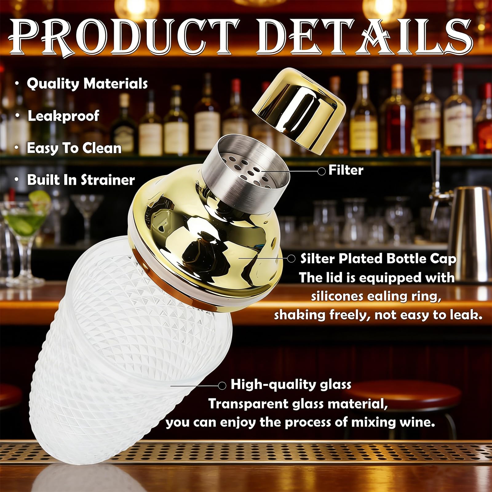 Set Di Shaker per Cocktail In Vetro 400ml, Shaker Da Cocktail In Vetro Trasparente, 400 Ml Shaker In Cristallo, Con Misurino e Cucchiaio, per Bar Domestici, Bevande a Base Di Succhi Di Frutta, Oro
