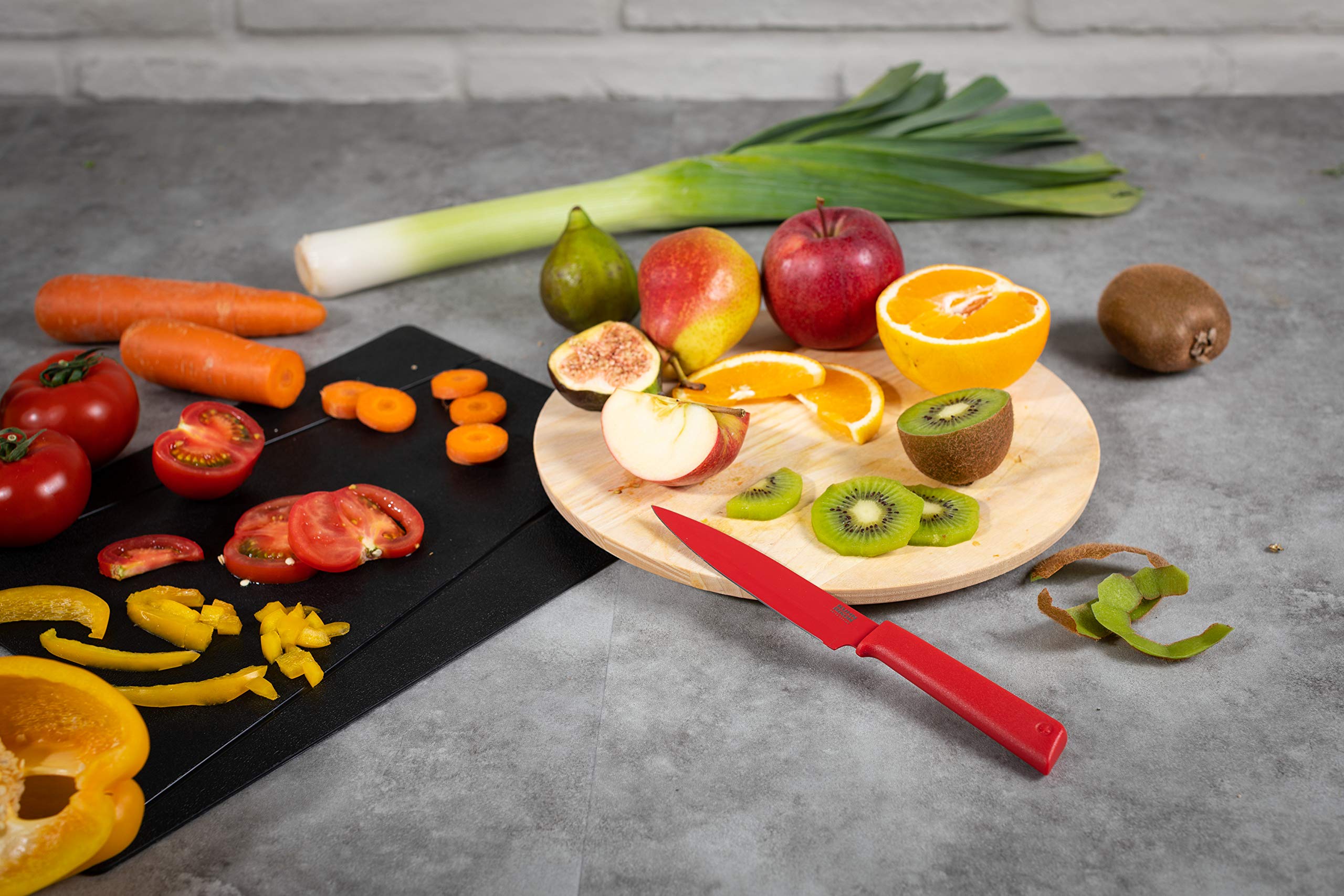 KUHN RIKON, Cuchillo de cocina antiadherente con funda de seguridad Colori +, 23 cm, Rojo