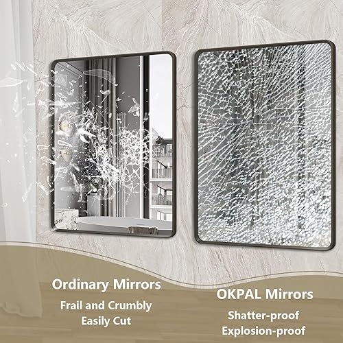 Miniatura 4 de OKPAL Espejo de baño con marco de metal negro de 40 x 36 pulgadas para pared, espejo de tocador de baño negro mate, espejo rectangular redondeado