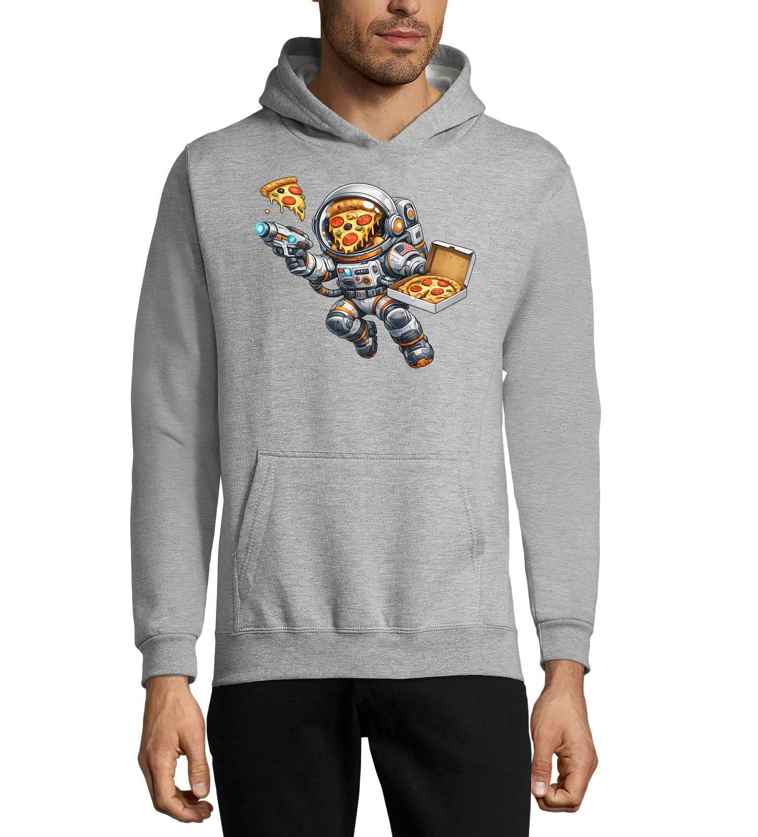 Astronaut Holding Pizza Box and Slices Felpa con cappuccio unisex in misto cotone grigio