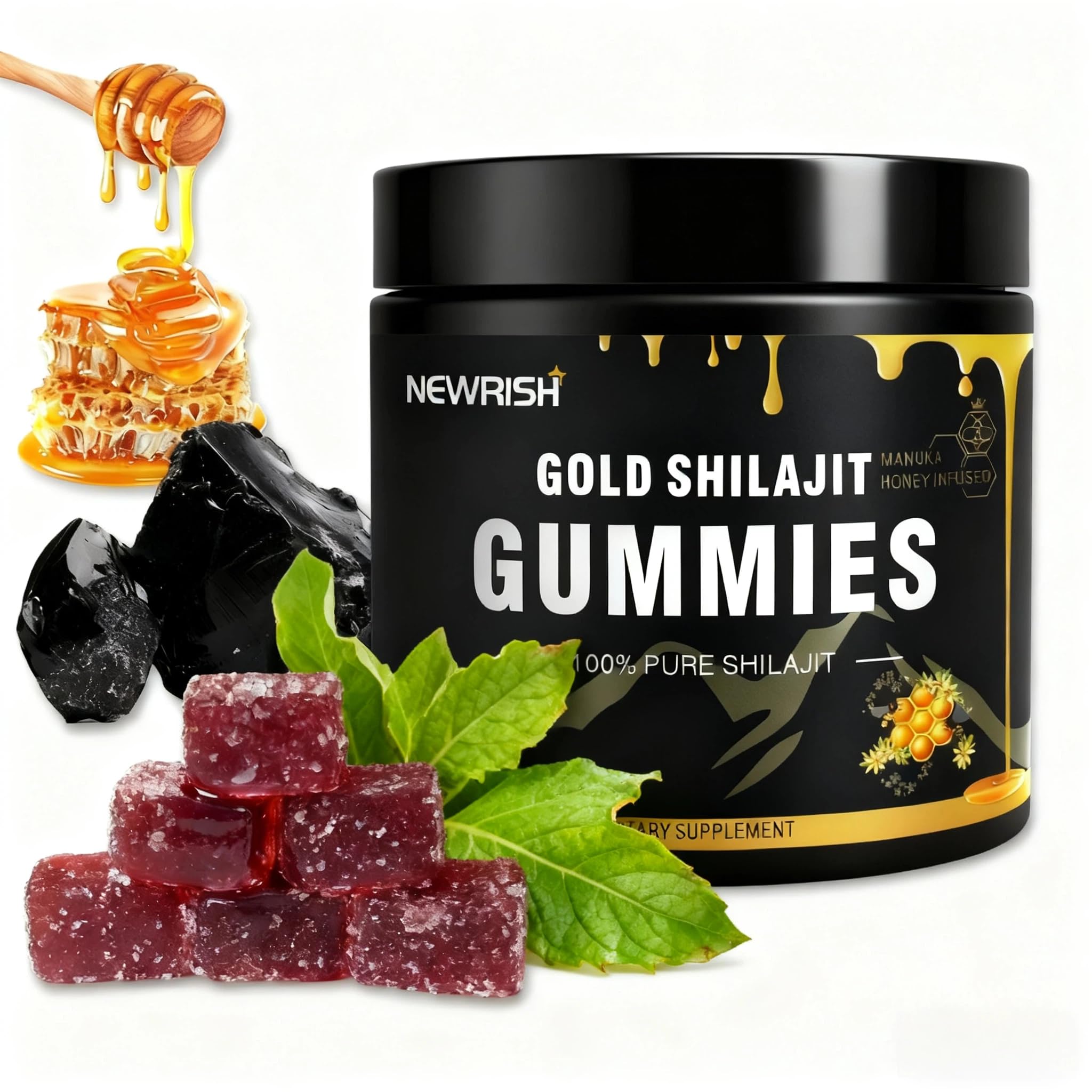 Shilajit Gummies Manuka Honey Lemon Flavor Himalayan shilajit No Added Sugar Ashwagandha, Gokshura| Fulvic Acid & 85+ Trace Minerals for Men, Women I Non-GMO 100% Natural & Organic I 30 Gummy Gold Gummies