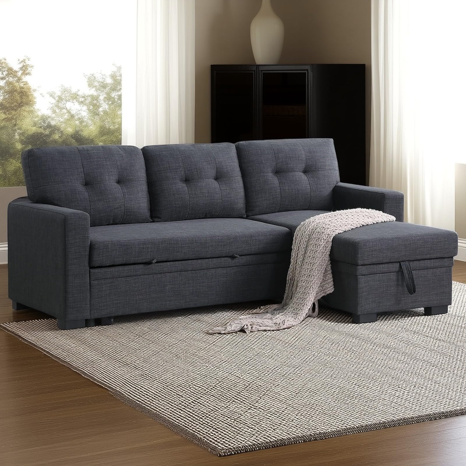 Photo 1 of 82" L-Shaped Sectional Sofa Bed with Storage Ottoman, Convertible Sleeper, Tufted Design Modern Fabric Couch for Living Room, Reversible Chaise