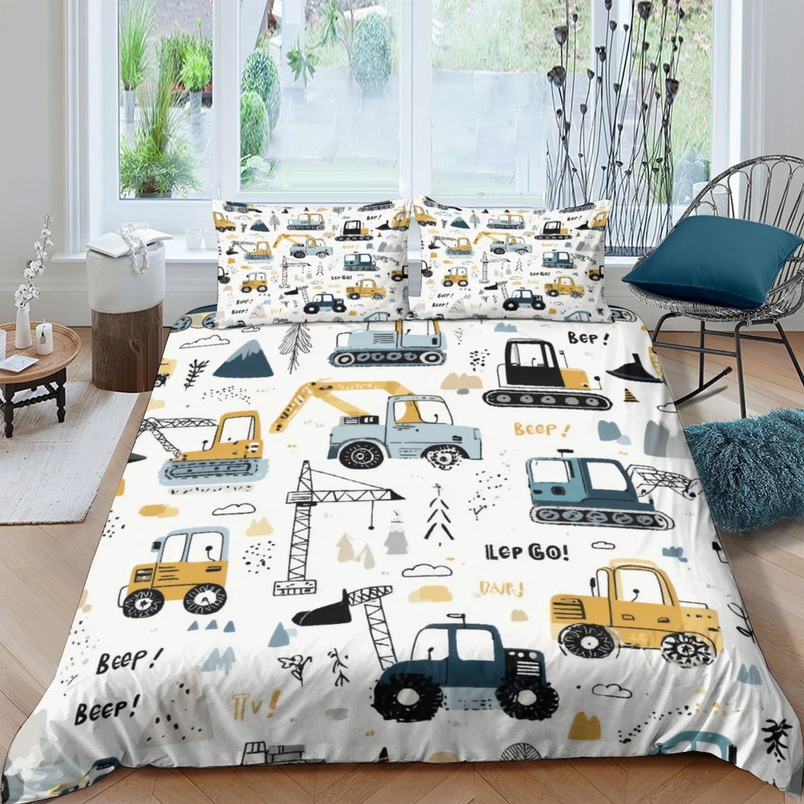 Ctjqhvkz Style-8 3D Printed Construction Vehicle Fitted Sheet Microfiber Soft Yellow Blue Crane Bed Cover For Bedroom Dorm Decor Mattress Protection Single（135X200cm）