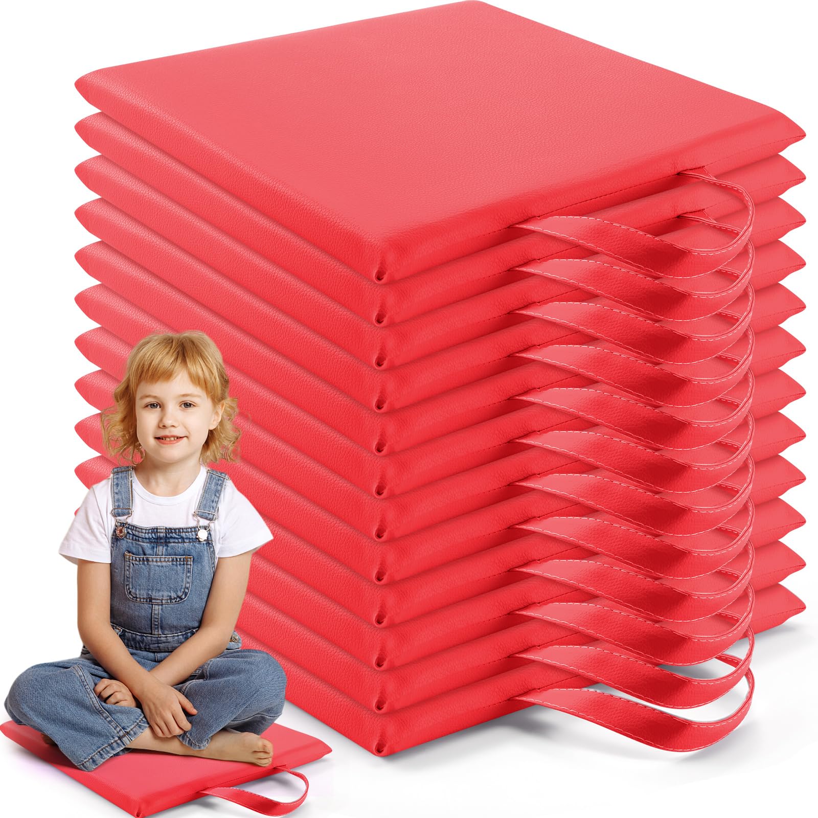 Suzile 12 Pcs 12'' Square Floor Cushions for Kids Classroom Flexible Floor Seating Elementary with Handles Classroom Carpet Cushions for Adults Toddlers Daycare Preschool School(Red)