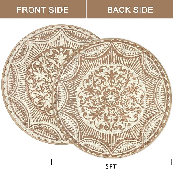 Capslpad Tapis d'extérieur rond - Diamètre : 150 cm - En plastique - Léger - Pour balcon, pique-nique, camping, jardin - Beige - 2