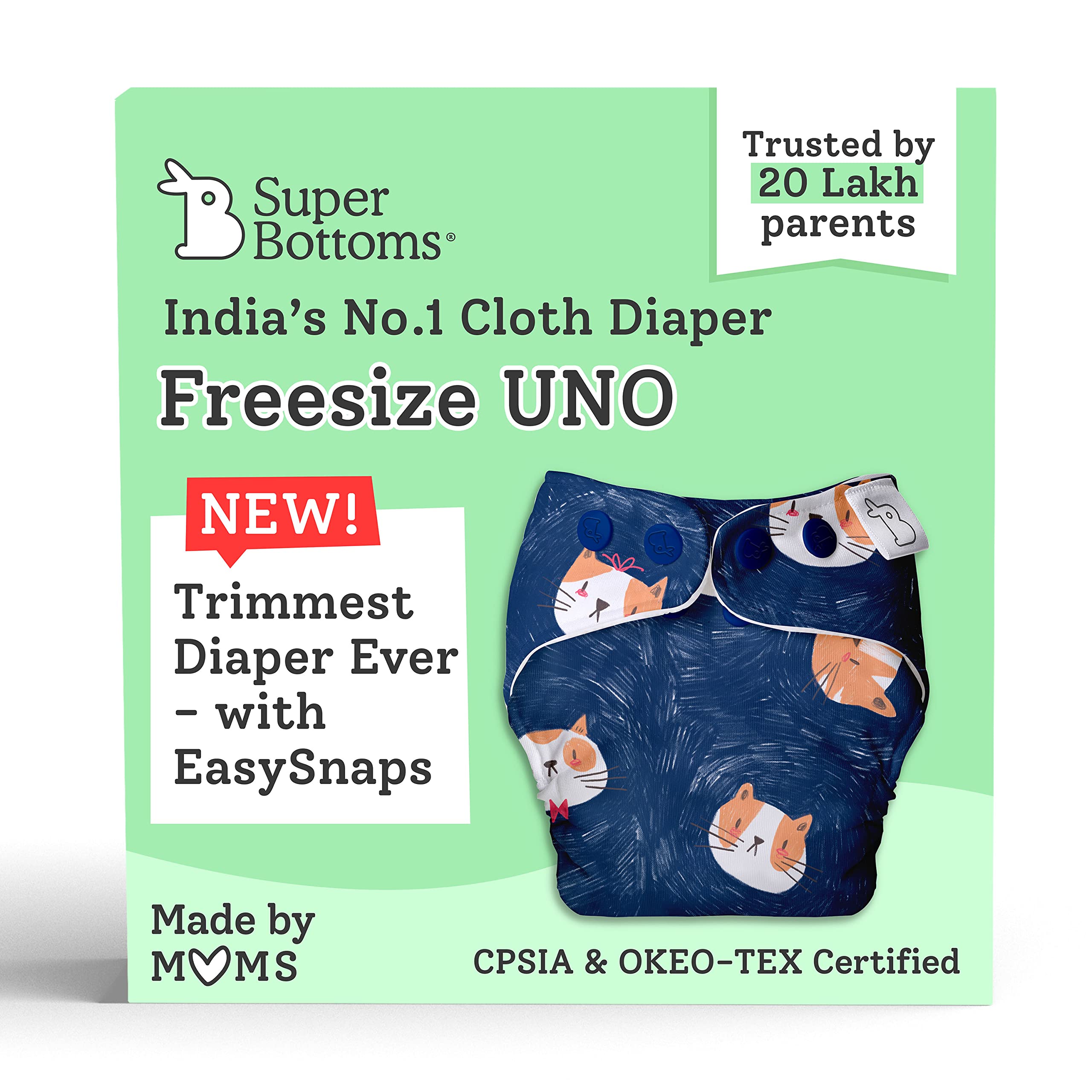 SuperBottoms NEW UNO Freesize Cloth Diaper|Cloth diaper for babies 0-3 years|Washable & Reusable cloth diaper with SnapEasy system|Comes with cloth diaper insert|1 Diaper and 1 Organic cotton Soaker