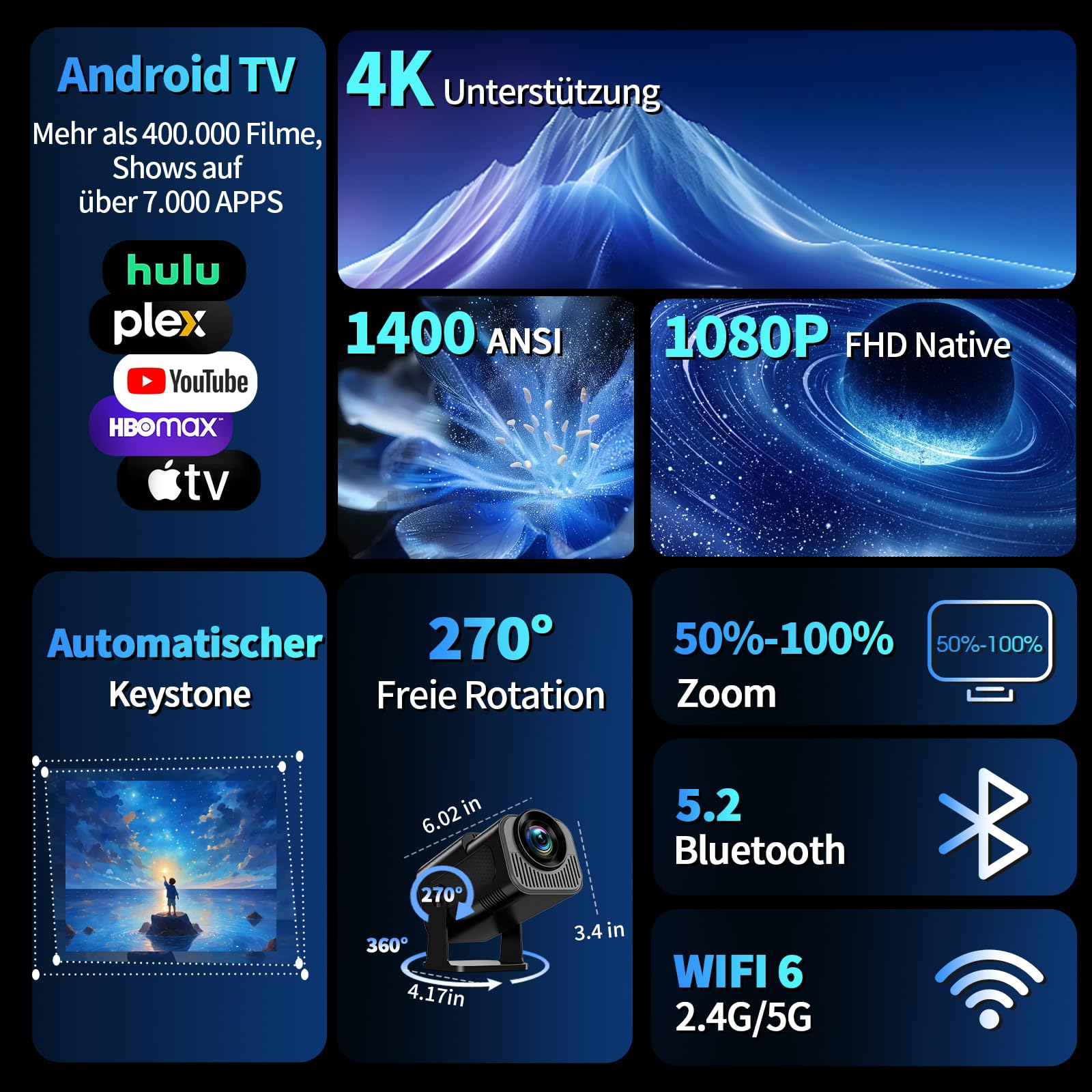 Mini Beamer Unterstützt 4K 1080P, Projektor Tragbarer mit WiFi 6 und Bluetooth 5.2, Beamer Klein Projektor Auto Keystone 270° Dreh Kompatibel mit HDMI/TV Stick/Memory Stick/Laptop, Schwarz