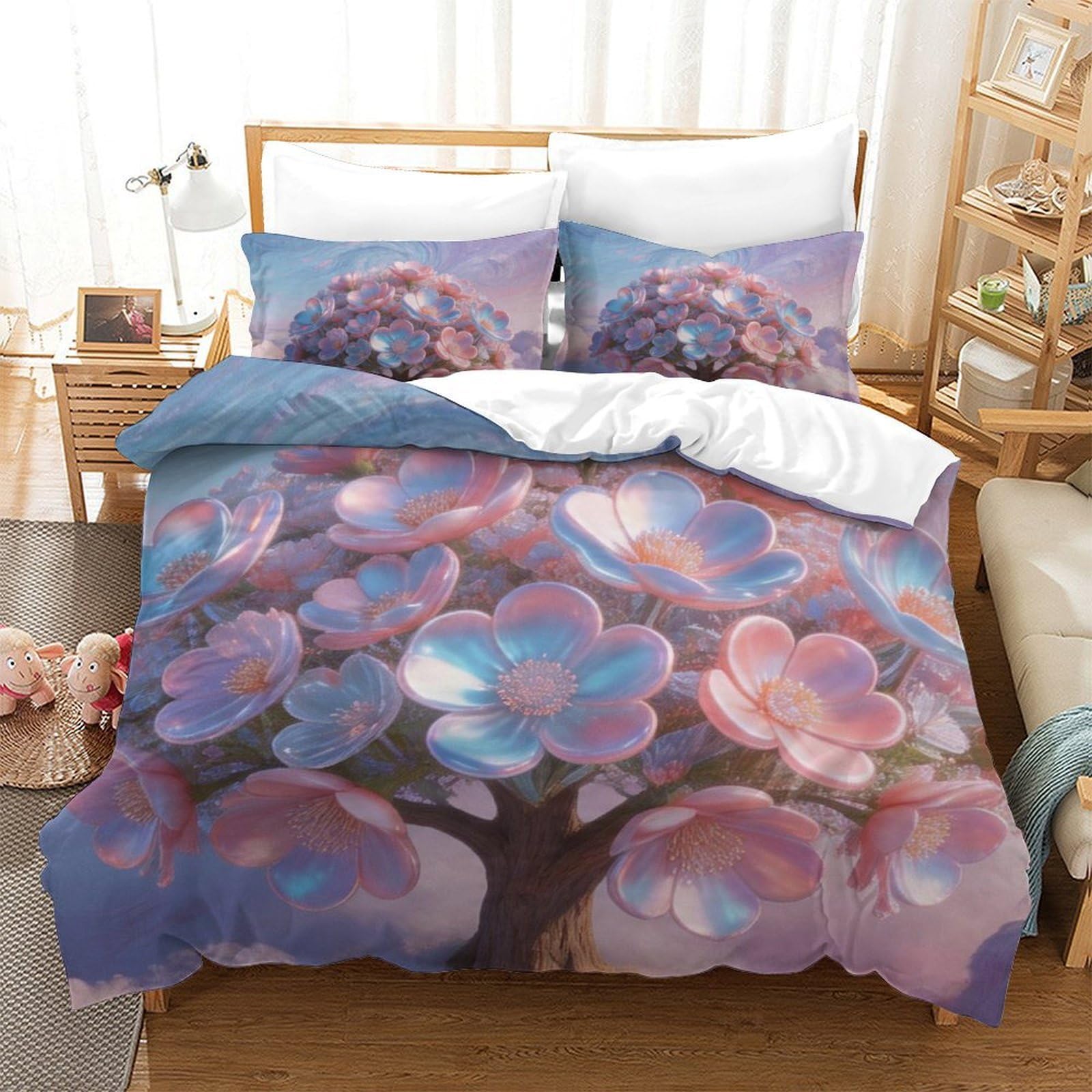 Housse de couette microfibre motif floral 3D grand lit adulte
