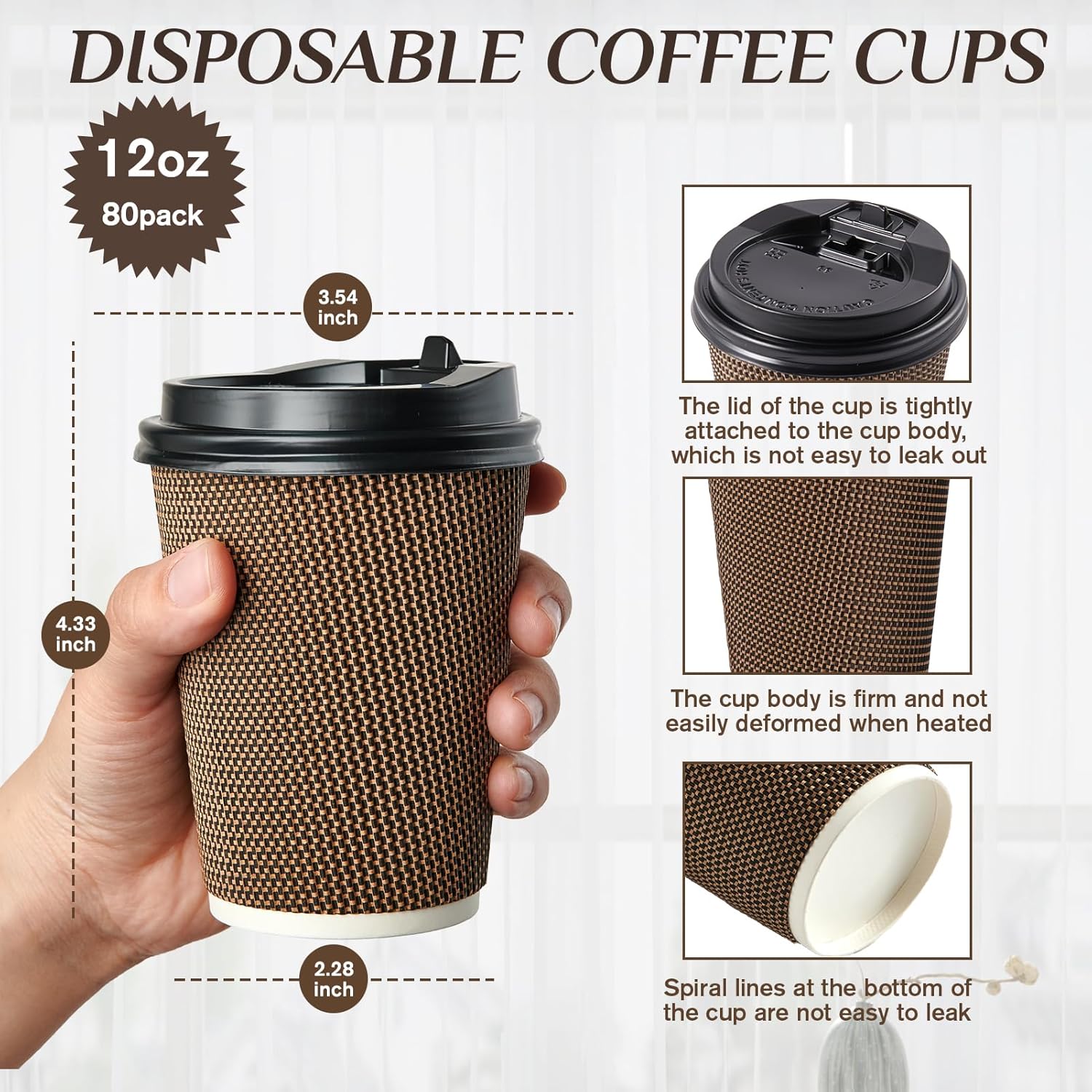 LITOPAK 80 Pack 12 oz Paper Coffee Cups, Insulated Ripple Wall Hot Coffee Cups with Lid and Straws, Brown Three Layer Insulated Hot Beverage Cups for Parties, Picnic, and Travel - Image 2