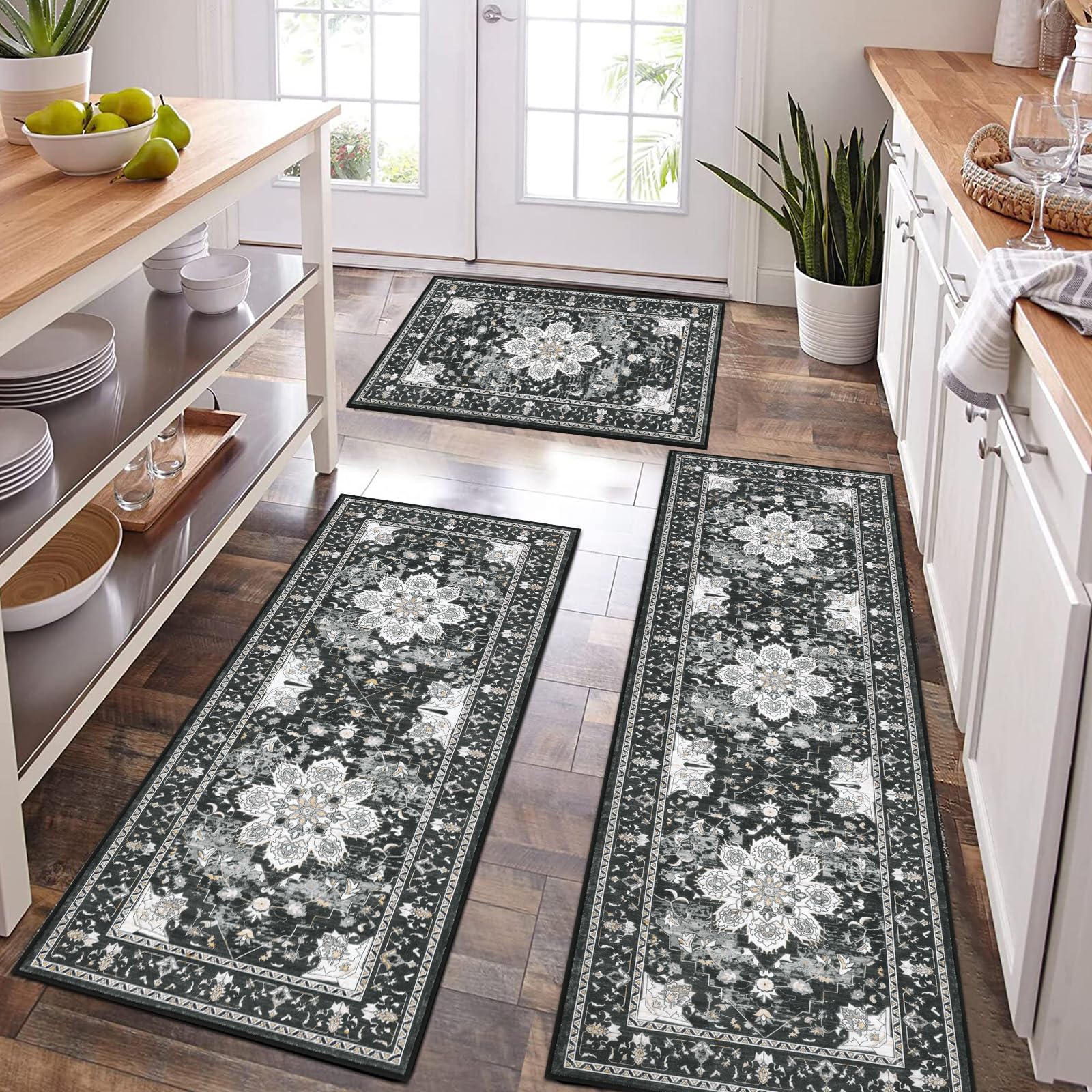 Bsmathom Farmhouse Kitchen Rugs Sets 3 Piece with Runne, Non Slip Kitchen Rugs and Mats Non Skid Washable, Bohemian Kitchen Floor Mat for Hallway Entryway Laundry Room, Black