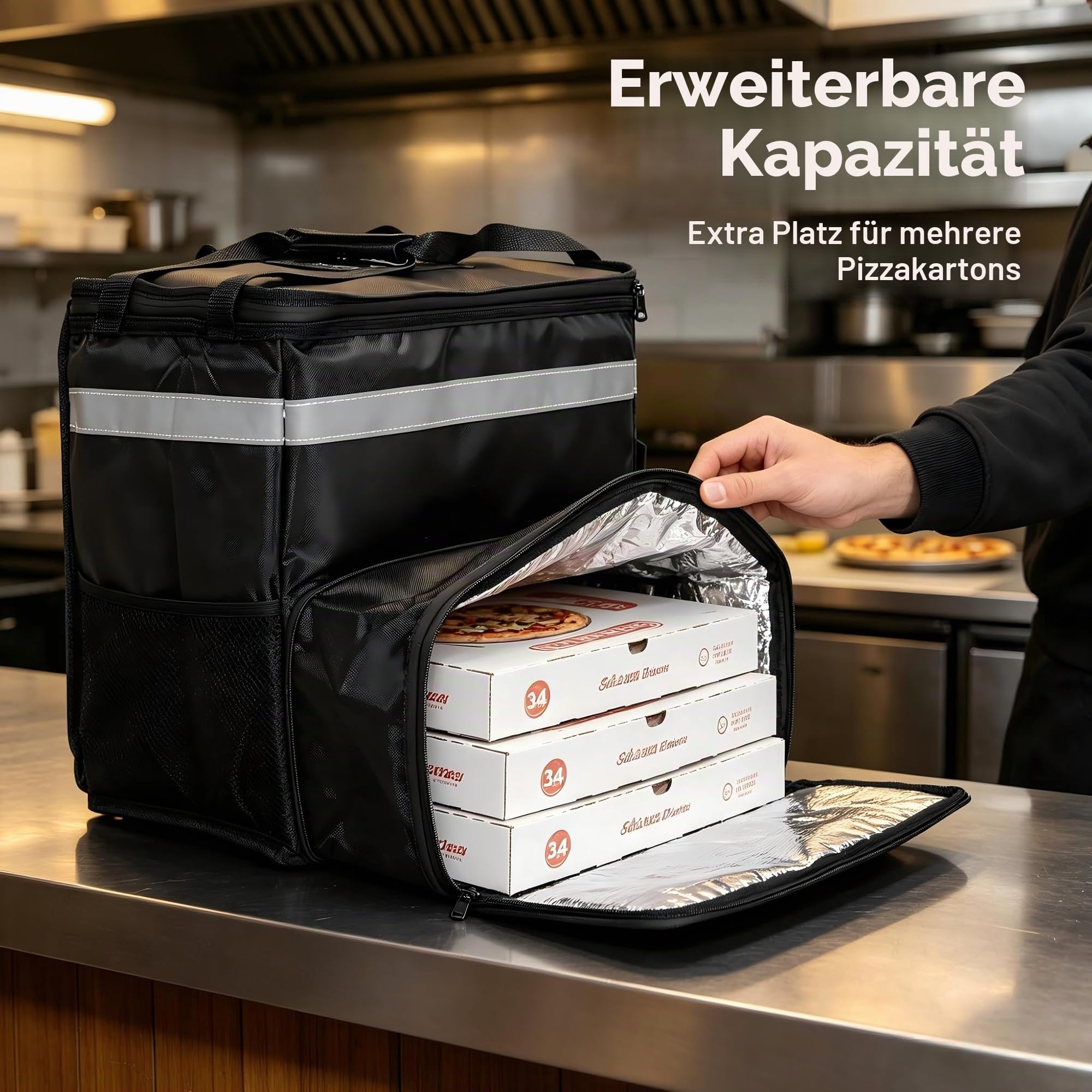 Pizza lieferrucksack Wasserdichten Isolierter Lieferrucksackisolierter erweiterbarer heißer Tasche Große Kühltasche mit reflektierenden 1680D Oxford für Pizza für Ausflug, Camping