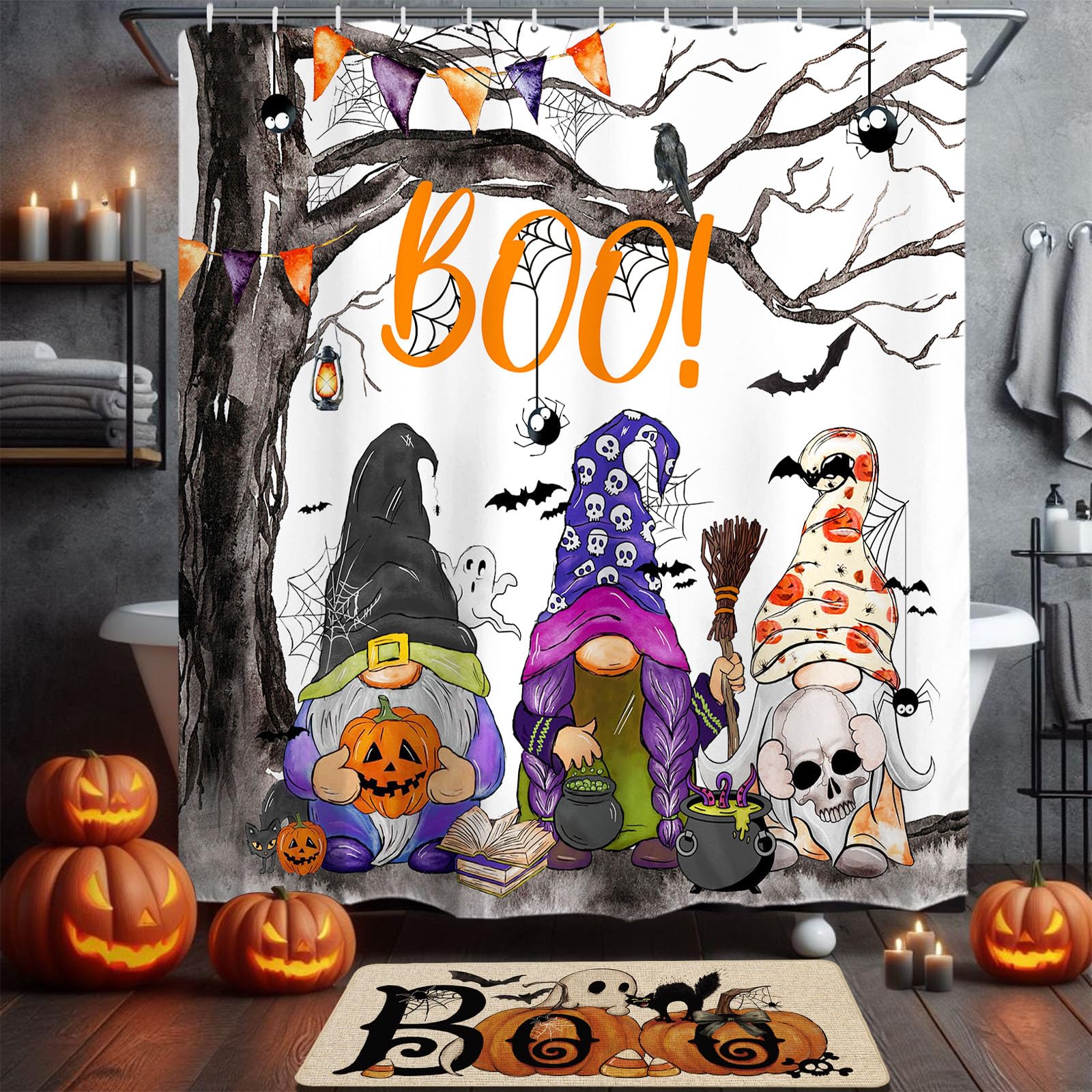 Baccessor Halloween Boo Gnomes Shower Curtain for Bathroom Autumn Pumpkin Spider Web Spooky Witch Ghosts Skull Waterproof Washable Fabric Bathroom Decor with 12 Hooks 72x72 Inch
