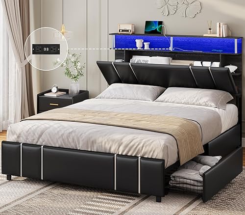 AOGLLATI Base de cama individual con 4 cajones de almacenamiento, estación de carga y luces LED, marcos de cama individual con elegante cabecero de