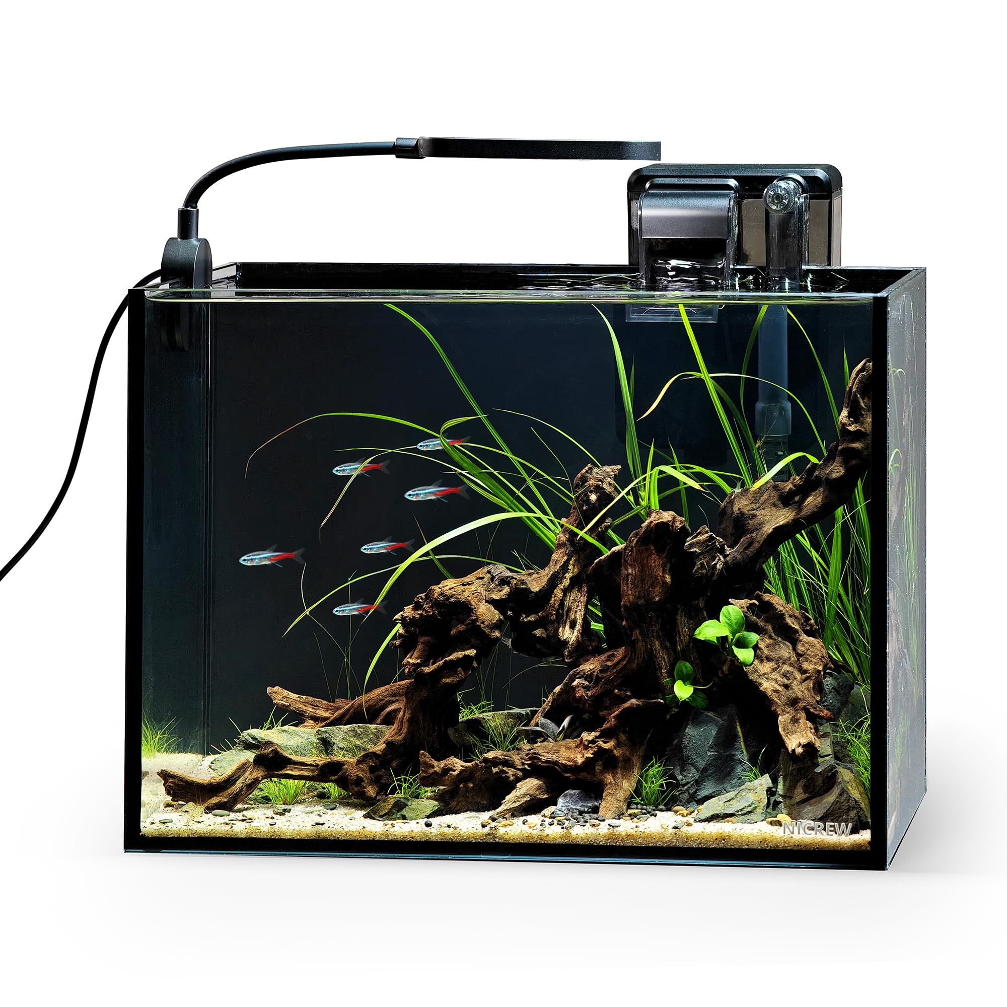 NICREW 2.5 Gallon Nano Nature Aquarium Kit, Ultra-Clear Rimless Desktop Fish Tank with Light and Filter, Perfect for Small Fish, Shrimp, or Betta, Basic Version, Black