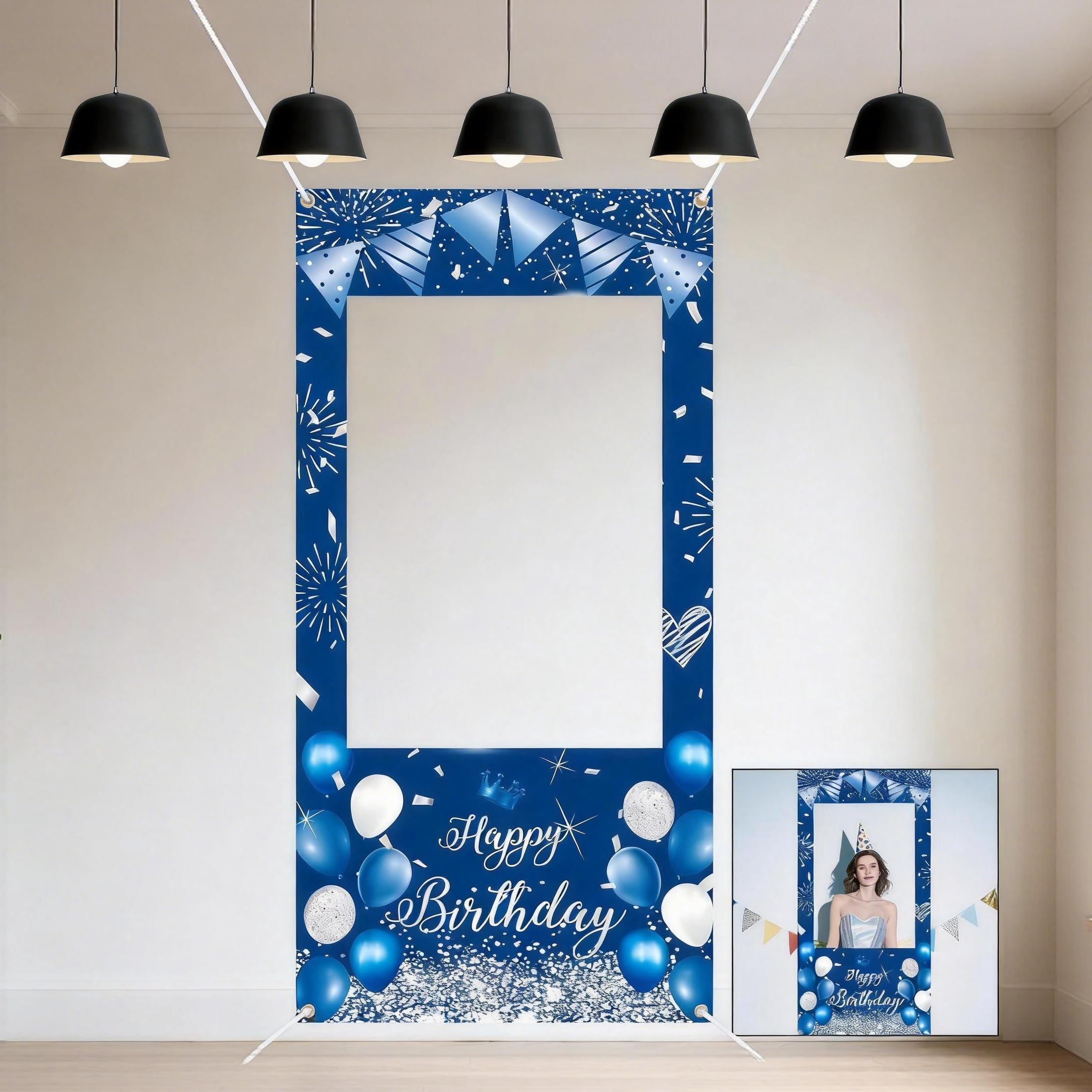Happy Birthday Backdrop, Blue Birthday Decorations Banner, Photo Booth Frame with Hanging Hole, Large Photo Booth Props, Birthdays Photo Booth Backdrop Banner for Birthdays Party Supplies