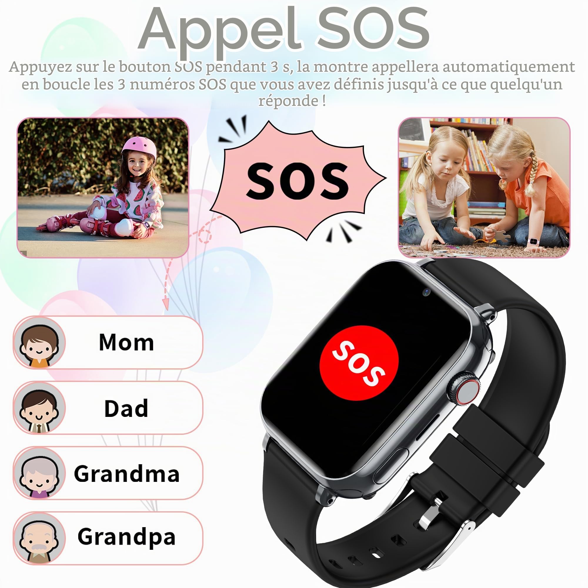 Montre Connectée Enfant GPS 4G Appel Vidéo SOS Chat Familial Podomètre | localisation en temps réel, appel vocal, zone de sécurité, jeux, mode classe, telephone, réveil, ip68, cadeau filles garçons