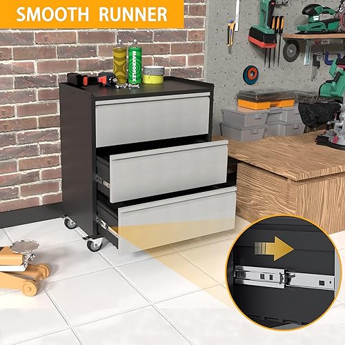 Miniatura 5 de Waqiv Armario de herramientas con rodillo de 3 cajones, gabinete de almacenamiento de metal industrial de gran espacio, baúl de utilidad para el