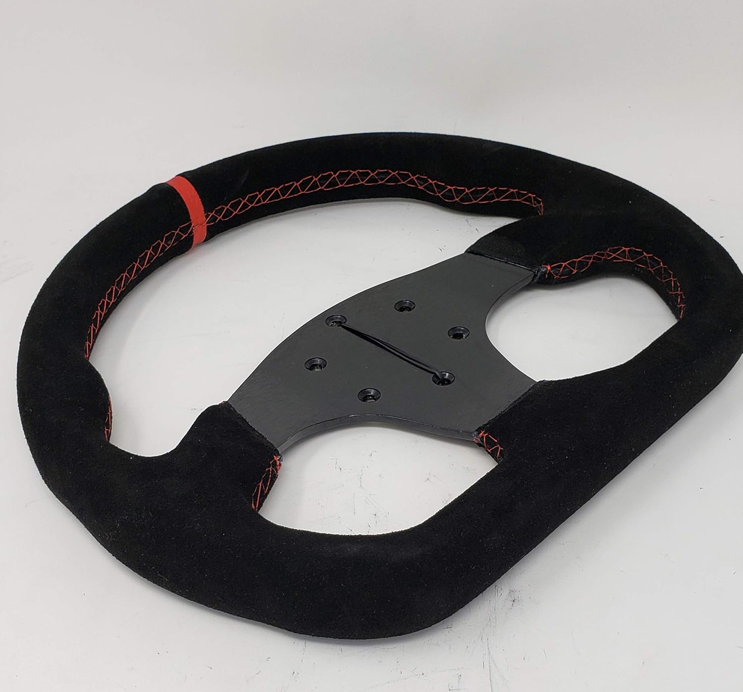 12.5" D-Shaped Steering Wheel Race Style Black Suede Leather with Red stitch no horn