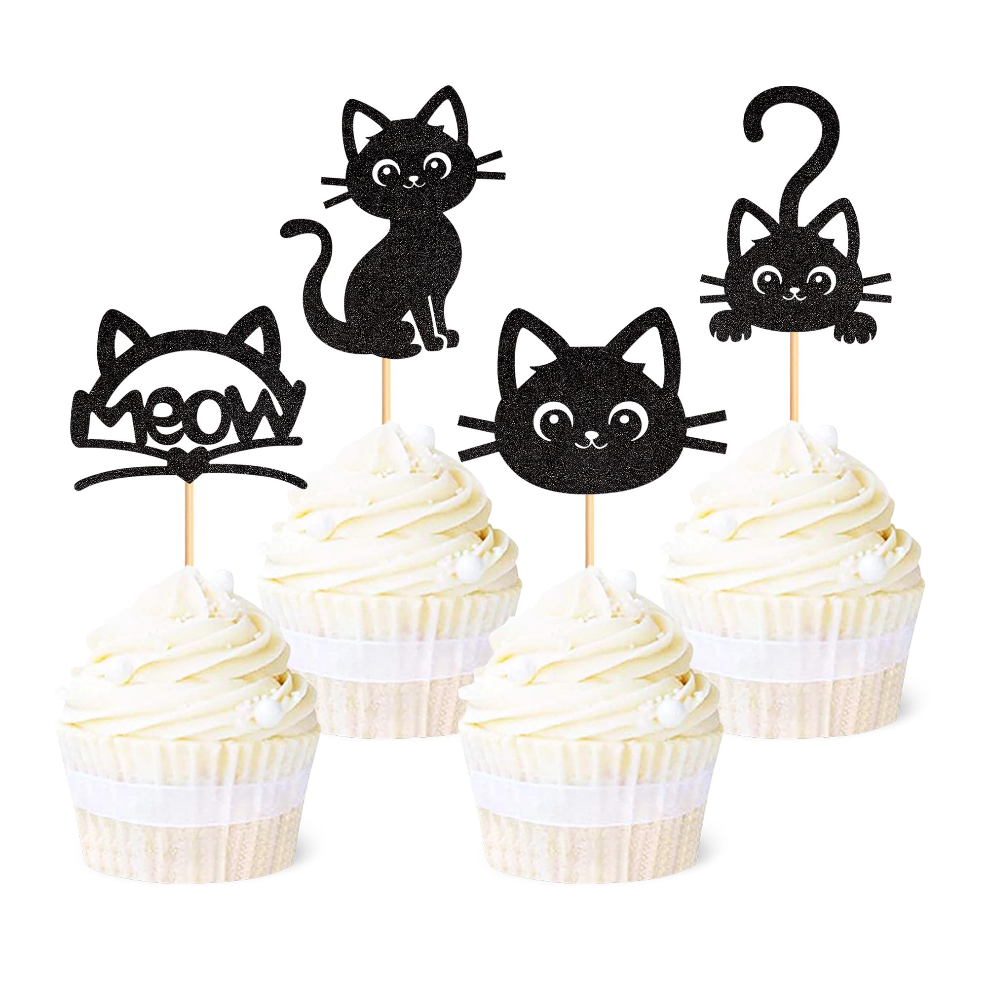 Ercadio 24 Pack Cat Cupcake Toppers - Glitter Meow Cupcake Picks Kitten Cake Toppers for Cat Theme Birthday Party Supplies
