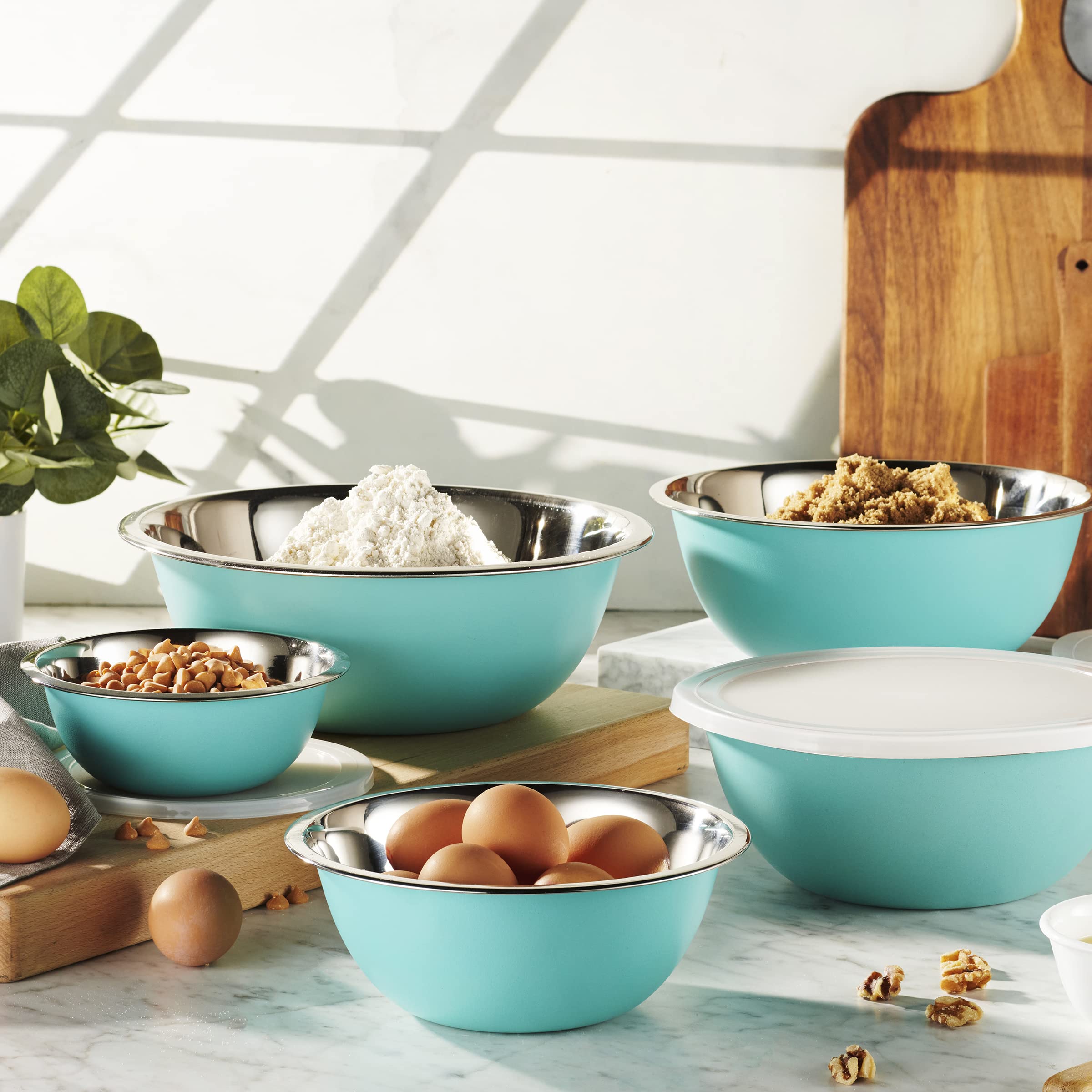 WHYSKO Juego de cuencos de acero inoxidable con tapas, 5 tamaños de cuencos para mezclar anidables para tu cocina, preparación de comidas, cocinar, hornear y almacenar alimentos (cuencos azules con