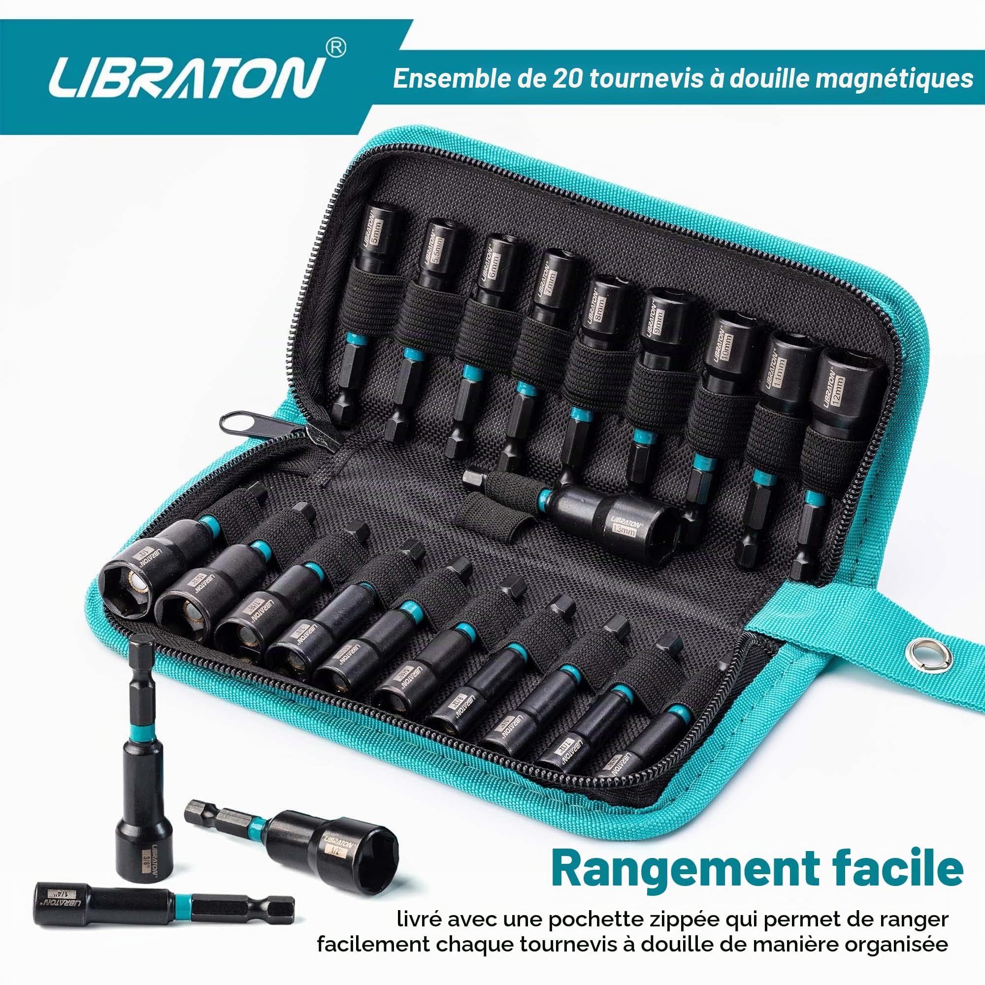 Libraton Lot de 20 Tourne-écrous magnétiques, 1/4" Hexagonale pilotes d'écrou en acier au chrome vanadium, métriques et SAE tournevis à écrous, avec sac de rangement