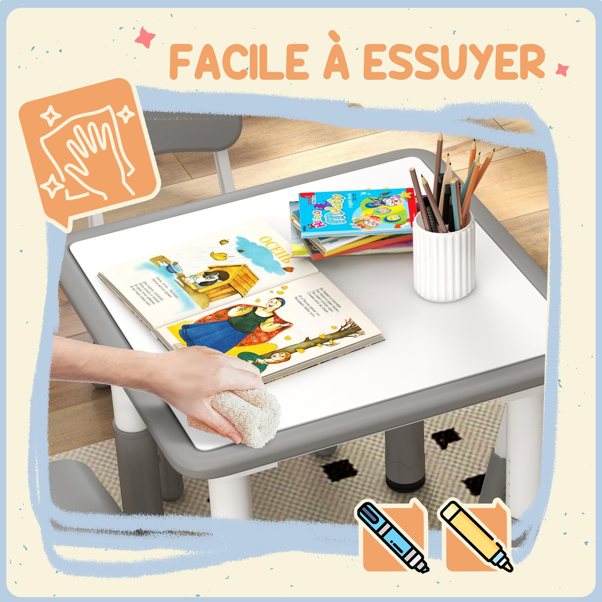 AIYAPLAY Ensemble Table et chaises pour Enfants Hauteur réglable Gris