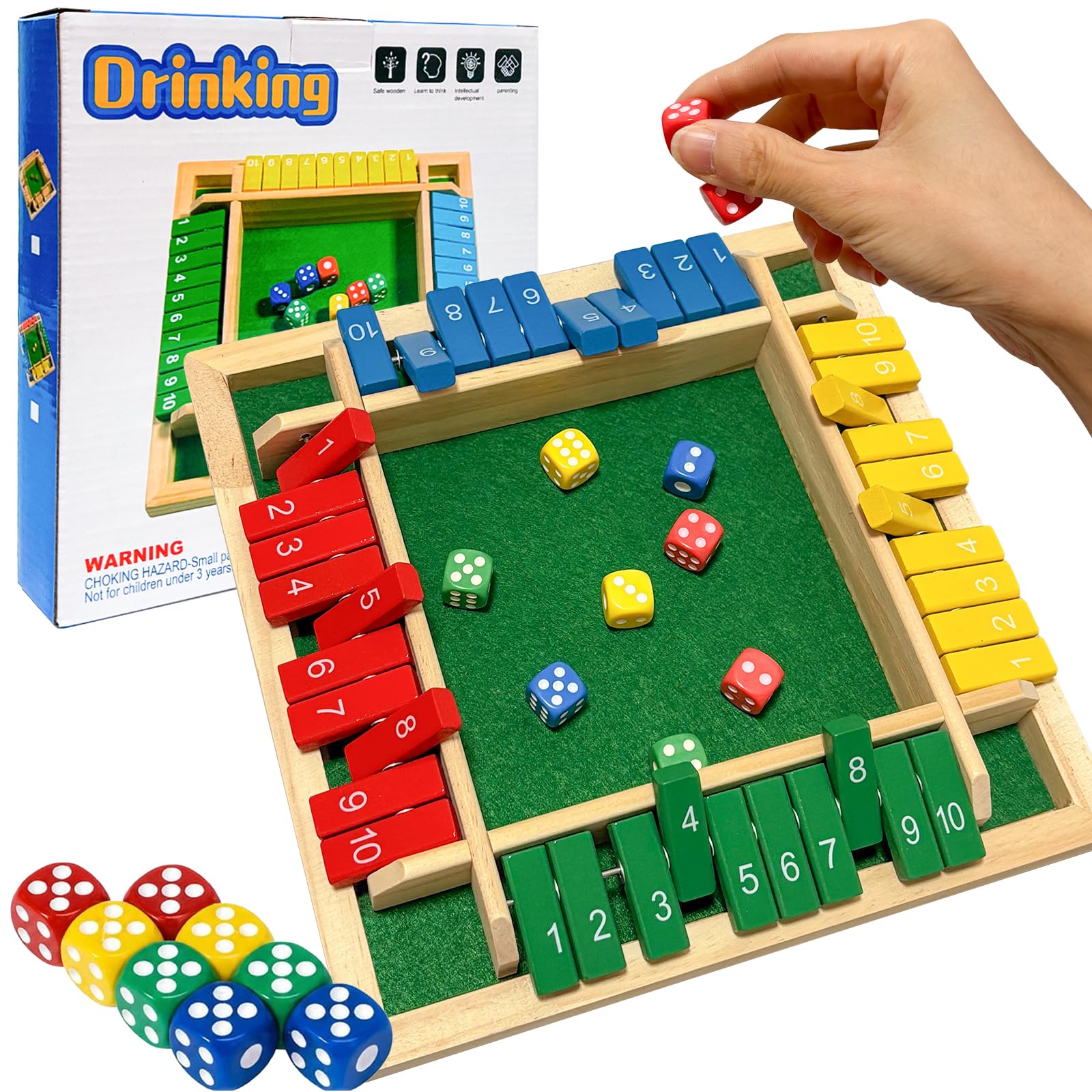 Hyhuiyin Shut The Box 4 Player Wooden Table Game, Premium Wooden Board with 8 Dices Puzzle Dice Games Fun Close the Box Game Educational Table Math Traditional Family Game for Party