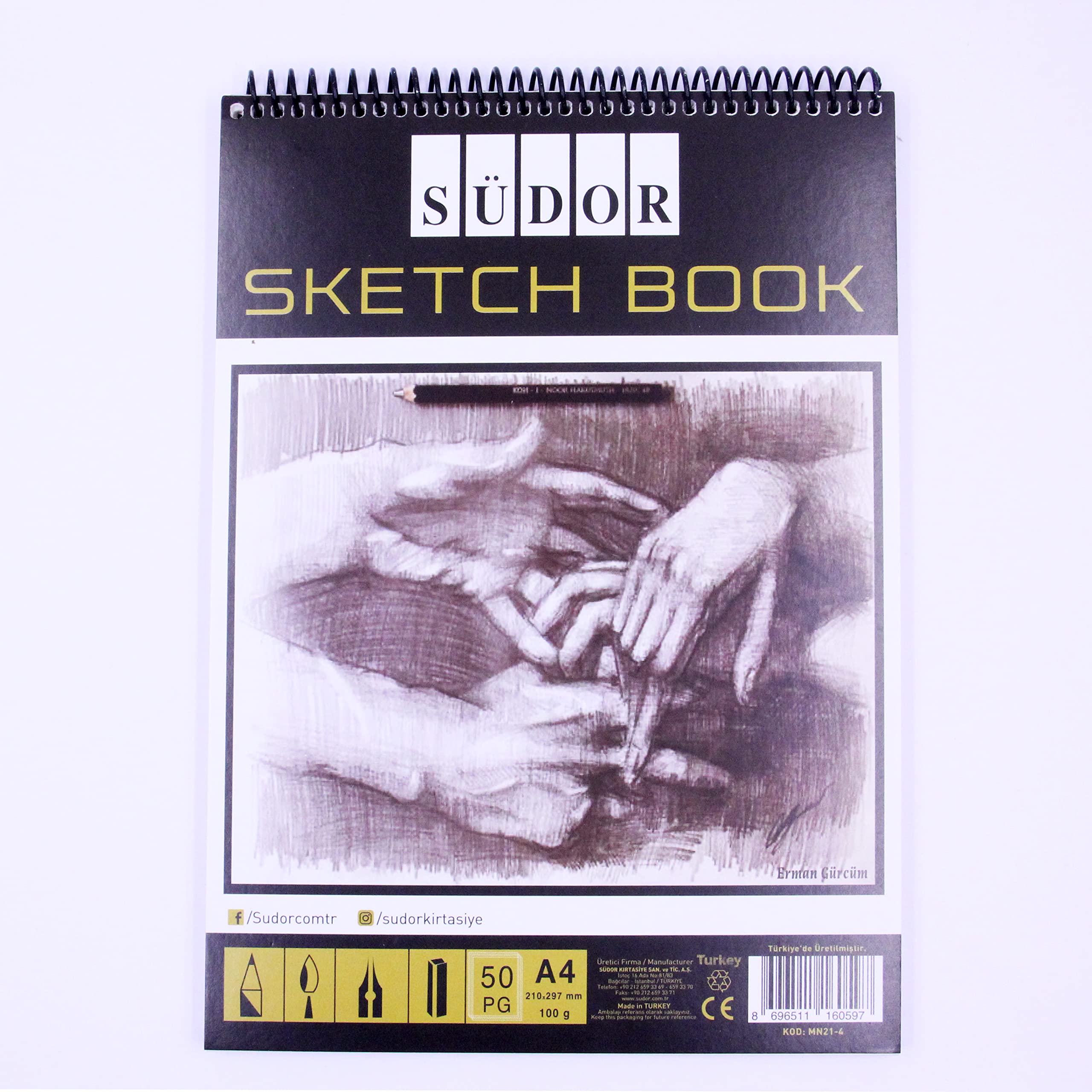 Südor Szkicownik A4, 21 x 29,7 cm, szkicownik, 50 arkuszy, 100 stron, bezkwasowy, biały papier kartridżowy, 100 g/m², do szkicowania, notatek lub pomysłów