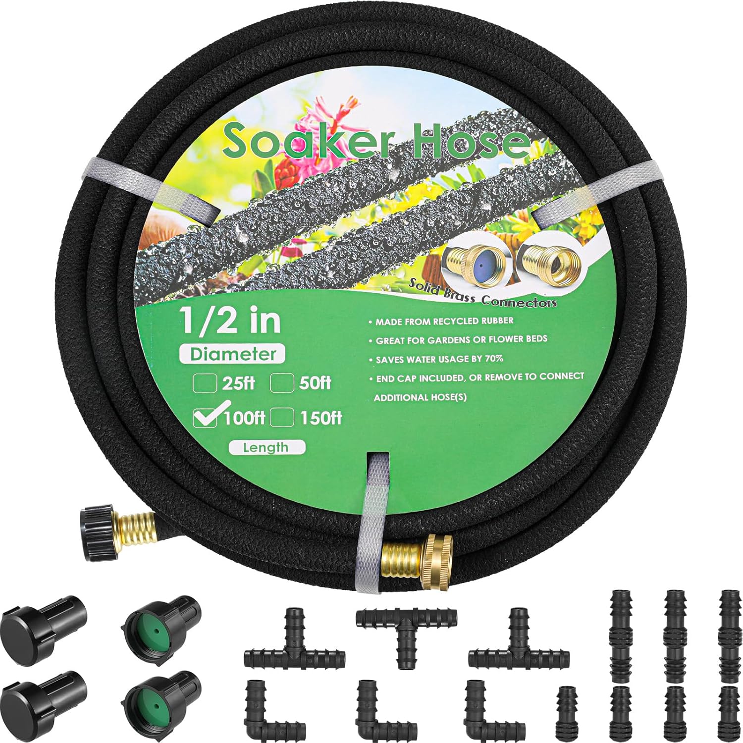 MAMIZO Soaker Hose Kit 100 ft 1/2", Solid Brass Connectors Rubber Longer Lasting, Heavy Duty Drip Hose to Save 70% Water, Soaker Hose for Garden, Lawn and Yard 100 ft Black