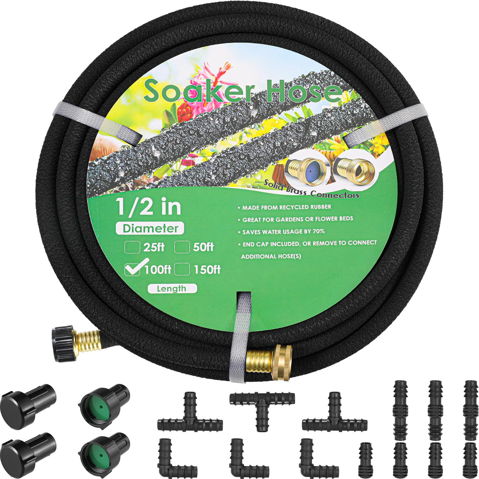 MAMIZO Tropfschlauch-Set, 30,5 m, 1,27 cm, massive Messing-Anschlüsse, Gummi, langlebig, robuster Tropfschlauch, um 70 % Wasser zu sparen, Tropfschlauch für Garten, Rasen und Hof