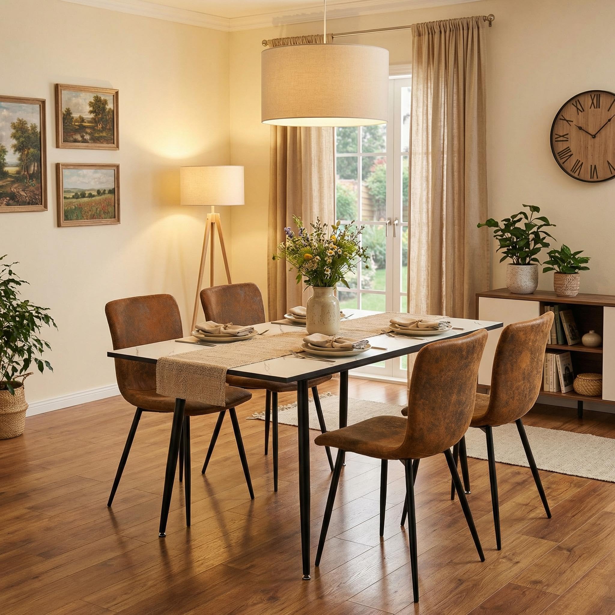 Extendable Dining Table Set for 4, White Marble Effect Stretch Table with 4 Brown Faux Suede Chairs, Kitchen Dining Room Furniture Set