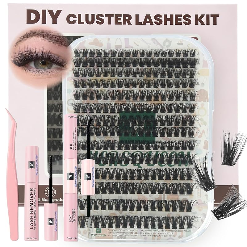 Kit HERSQUEEN de cílios em tufos para aplicação individual, com comprimentos variados, adesivo, selante, removedor e aplicador