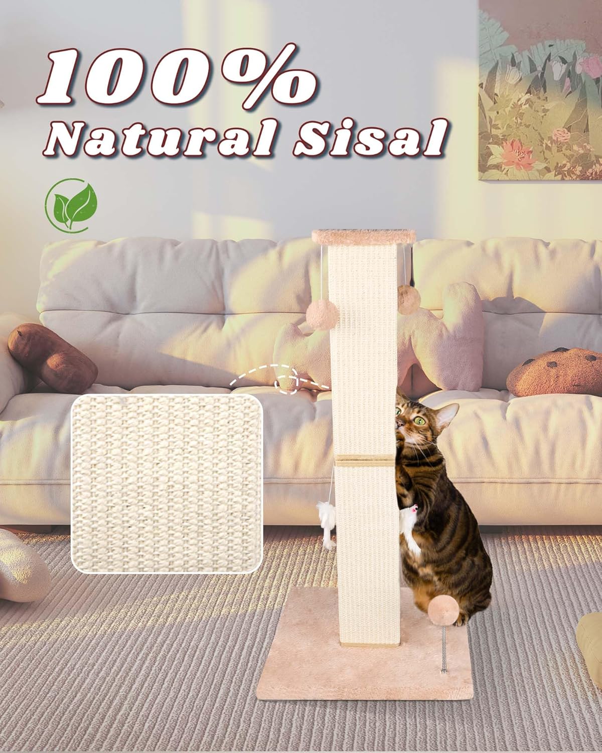 ANWA Large Cat Scratching Posts for Indoor Cats, 32" Tall Vertical Cat Scratching Post with Dangling Toys, Premium Sisal Rope Post Scratcher for Cats at All Ages, Beige