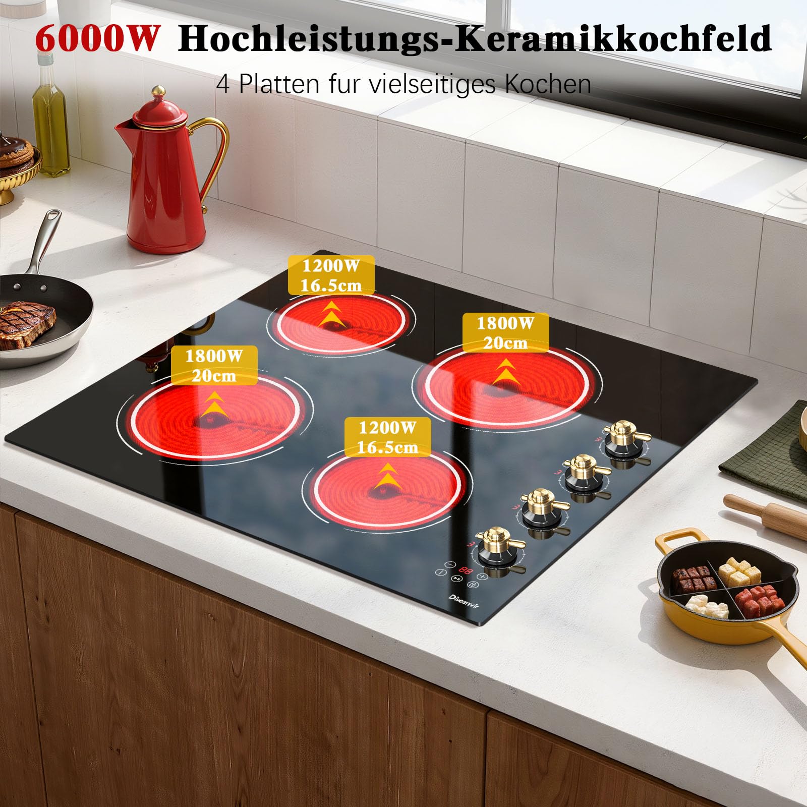 Kochfeld 4 Platten mit Drehknopf, Einbau Herdplatte 4 Kochfelder | Timer, Kindersicherung, 9 Leistungsstufen, 60 cm, 6000W