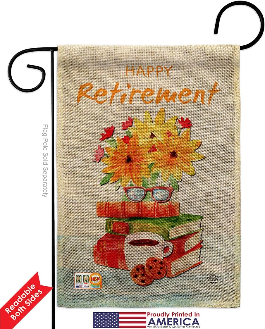 Retirement Activites Burlap Garden Flag Set with Stand Celebration Happy Retired Veteran Congratulations Occasion Anniversary Party Small Gift Yard House Banner Double-Sided Made In USA 13 X 18.5