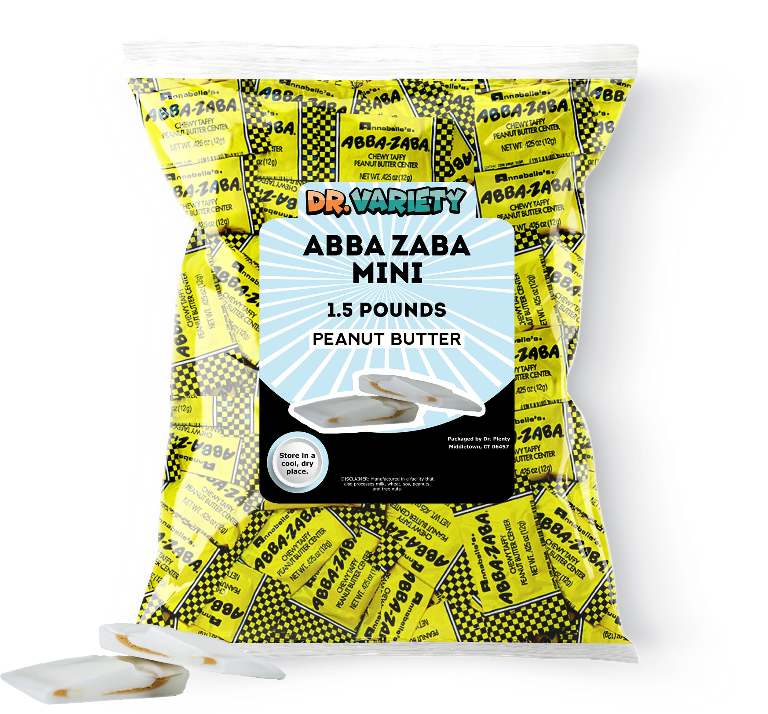 ABBA ZABA Mini Candy Bars (1.5lb), Taffy with Creamy Peanut Butter Center - Bulk Nostalgic ZABBA Taffy Bar Bites