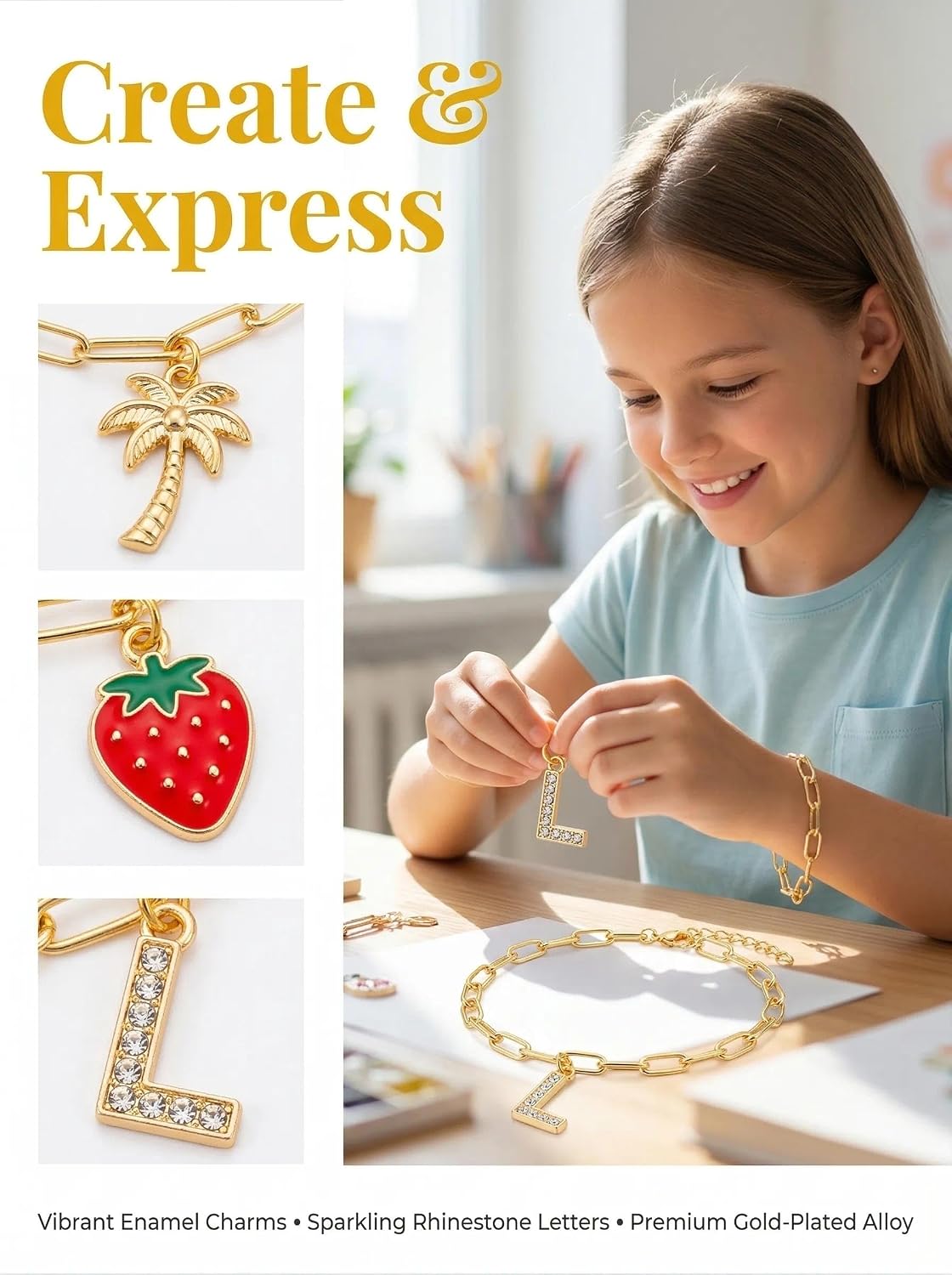 ZMLTLMG 552Pcs 12 Rolls Gold Charm Bracelet Making Kit, Premium Paperclip Chain Jewelry Making Supplies with Enamel Charms, Letter Beads & Jump Rings, DIY Crafts Gift Set for Women Girls Adults