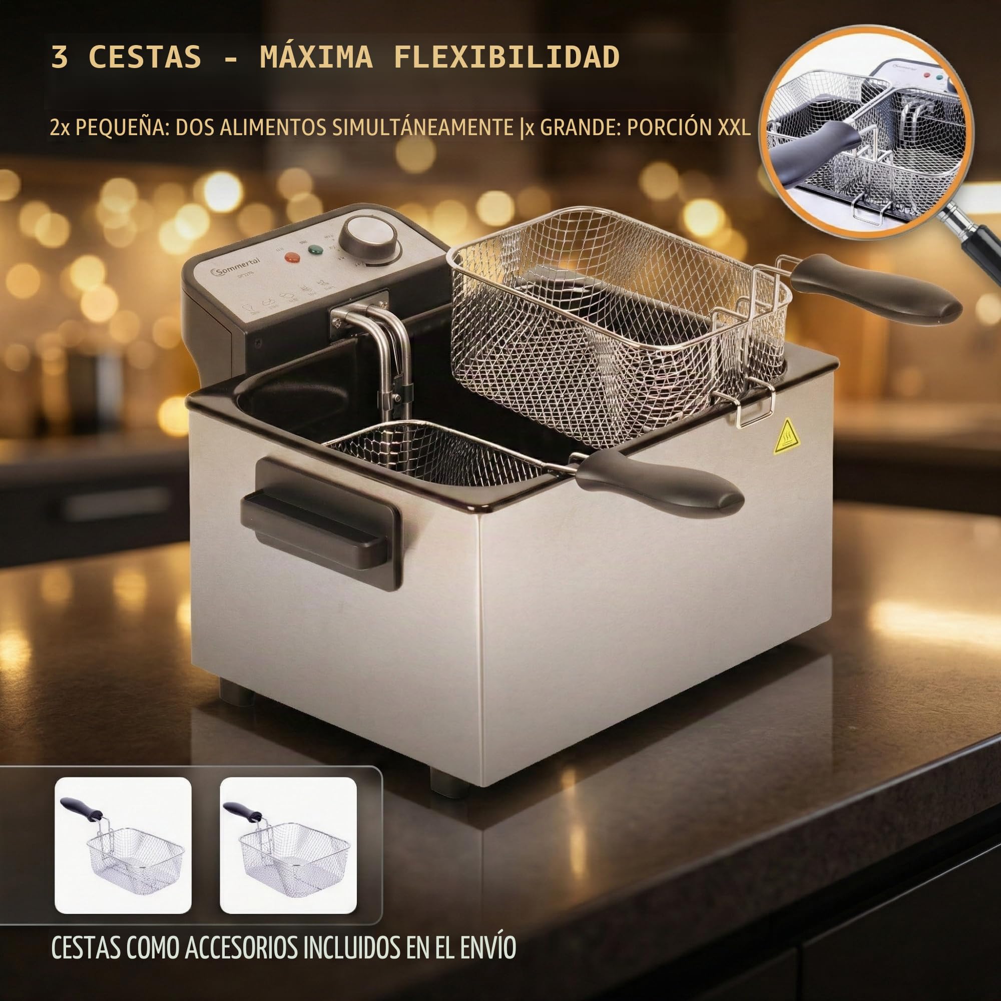 Sommertal Freidora Doble XXL con aceite o grasa - 3 cestas, 5 litros, 3000 W, zona fría, DF3270 - Freidora de acero inoxidable auténtica para patatas fritas crujientes