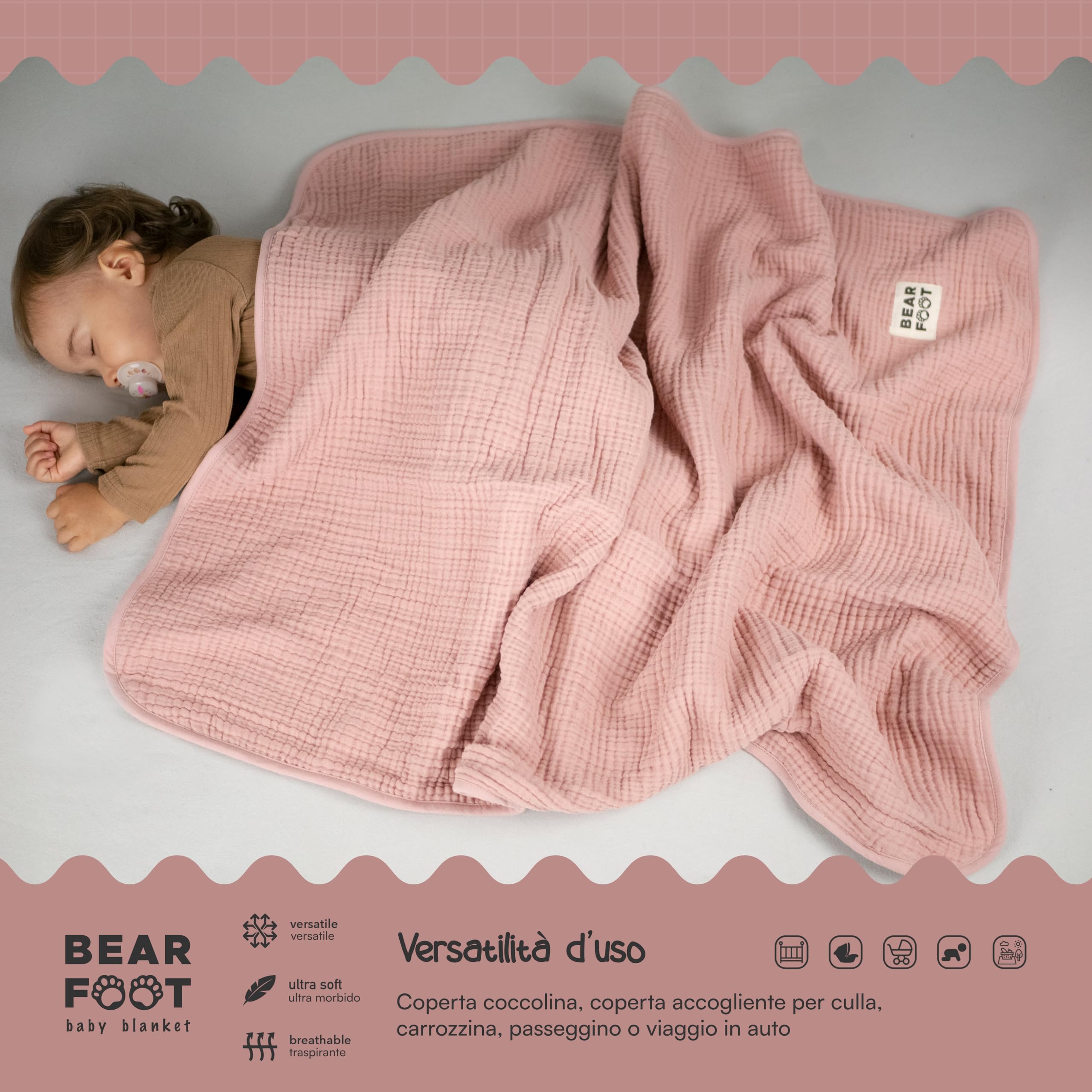 BEARFOOT Coperta per neonati - coperta in mussola (cotone, pile) morbida e soffice, regalo per neonati e bambini, ragazzo e ragazza per la nascita (Rosa)